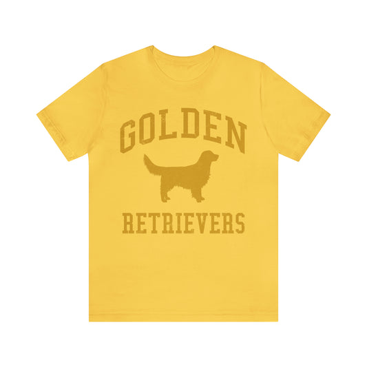 Golden Retrievers Collegiate Unisex Tee, with Distressed Gold Print