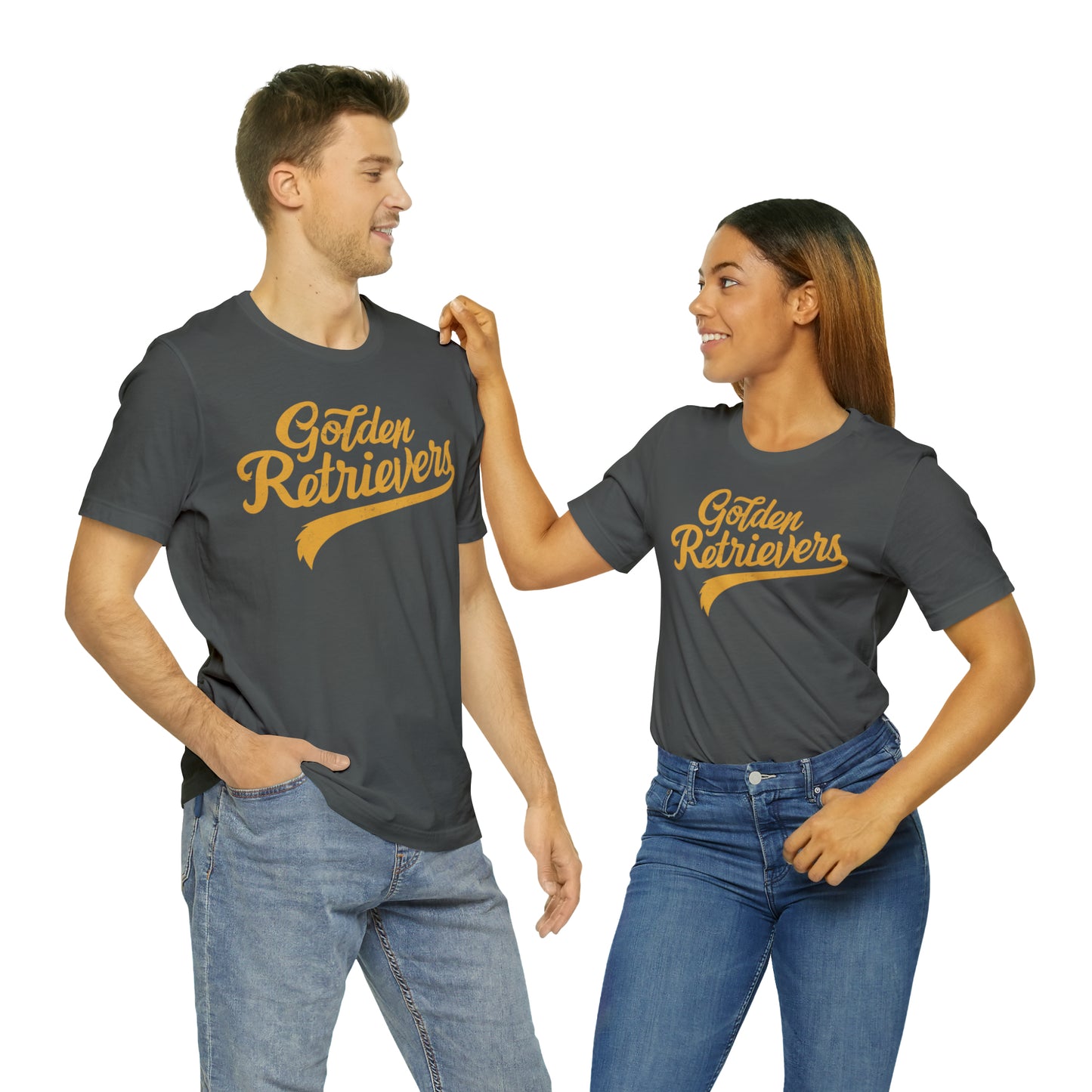 Golden Retrievers Script Unisex Tee, with Distressed Gold Print