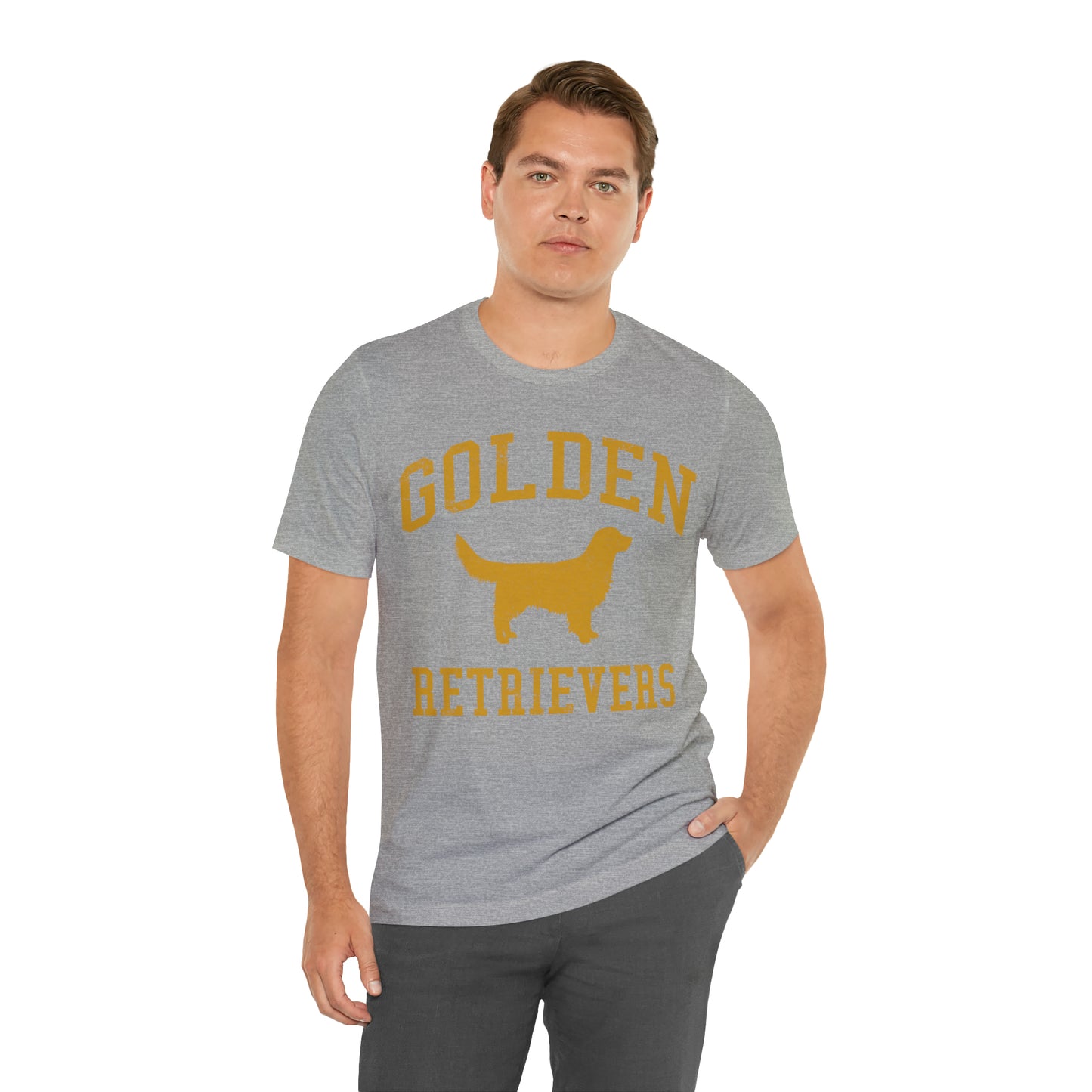 Golden Retrievers Collegiate Unisex Tee, with Distressed Gold Print