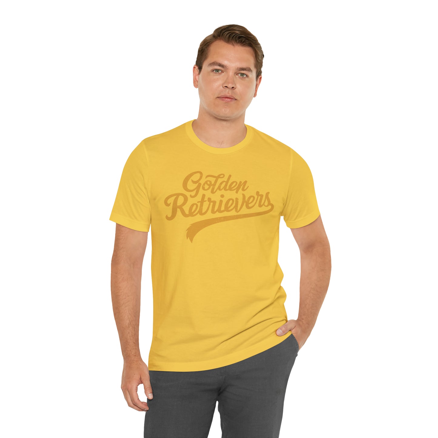 Golden Retrievers Script Unisex Tee, with Distressed Gold Print