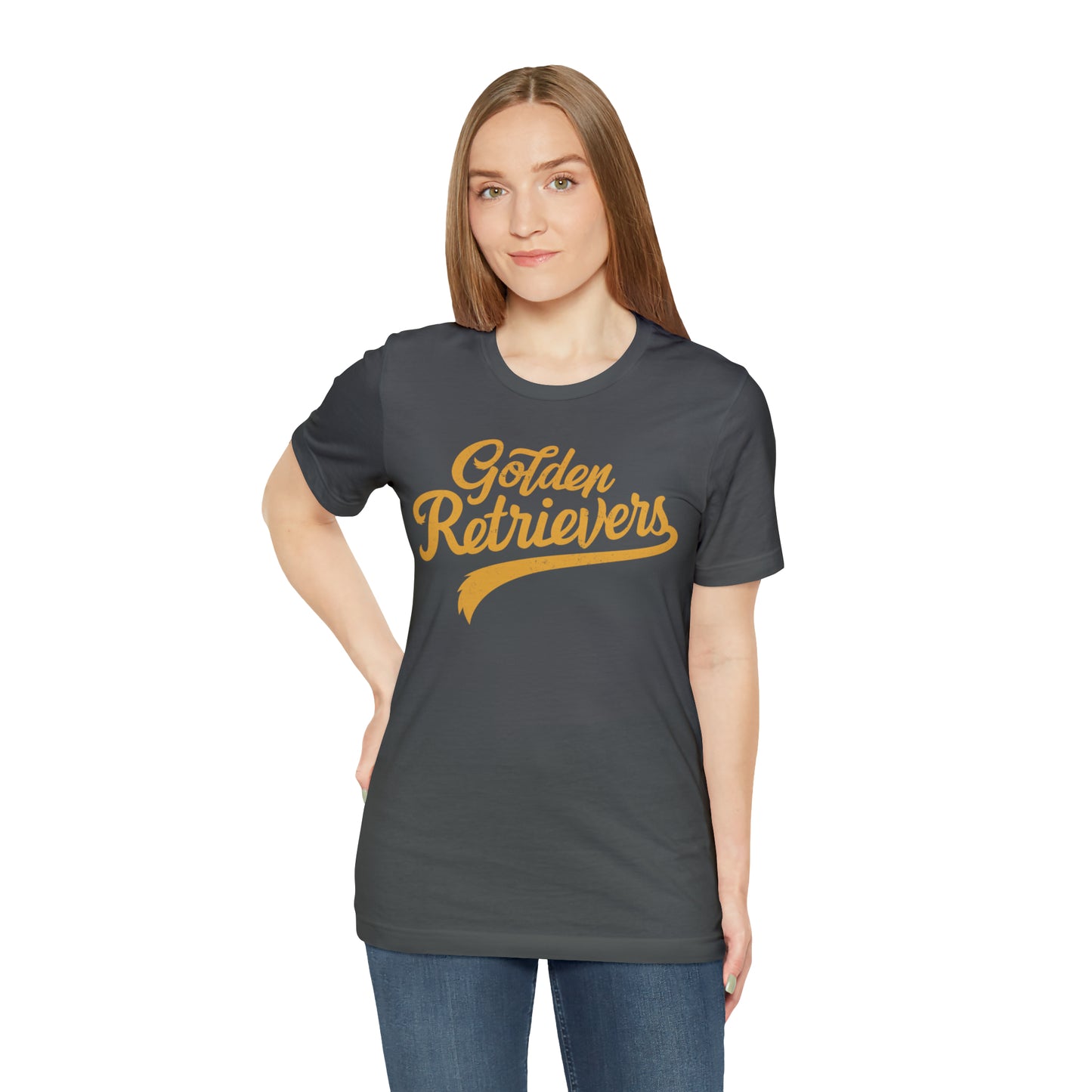 Golden Retrievers Script Unisex Tee, with Distressed Gold Print