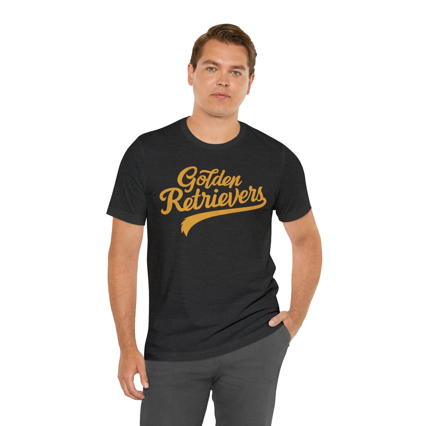 Golden Retrievers Script Unisex Tee, with Distressed Gold Print