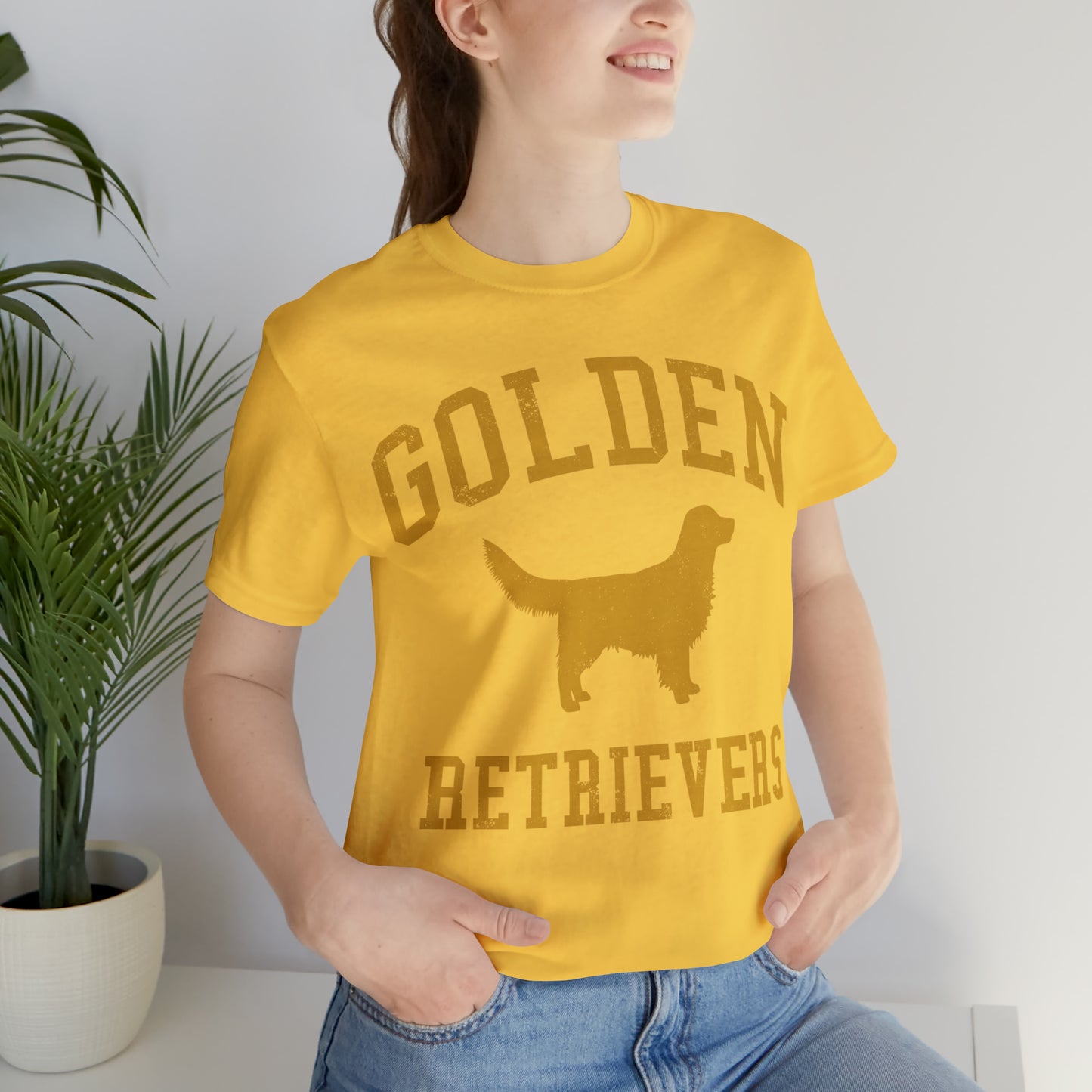 Golden Retrievers Collegiate Unisex Tee, with Distressed Gold Print