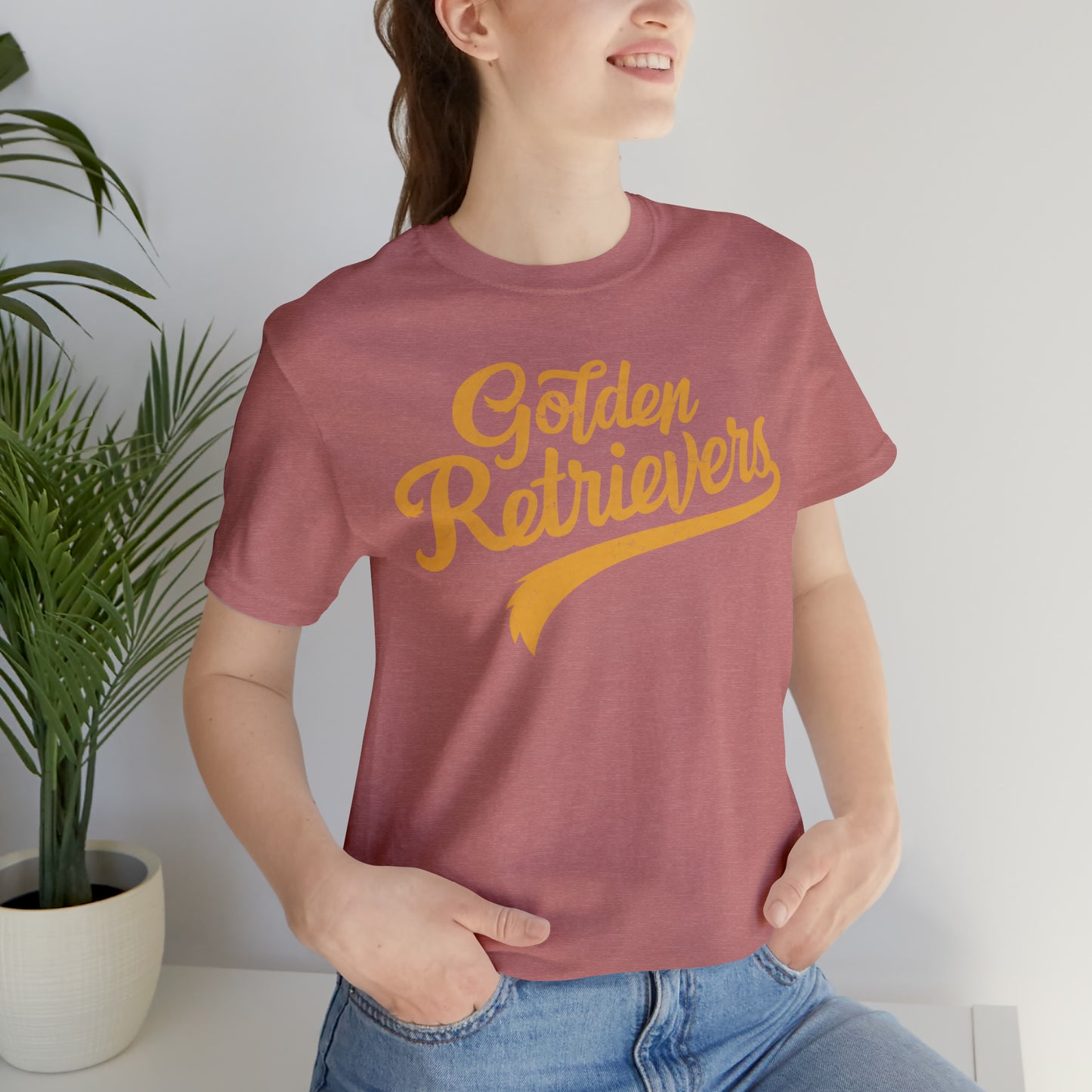 Golden Retrievers Script Unisex Tee, with Distressed Gold Print