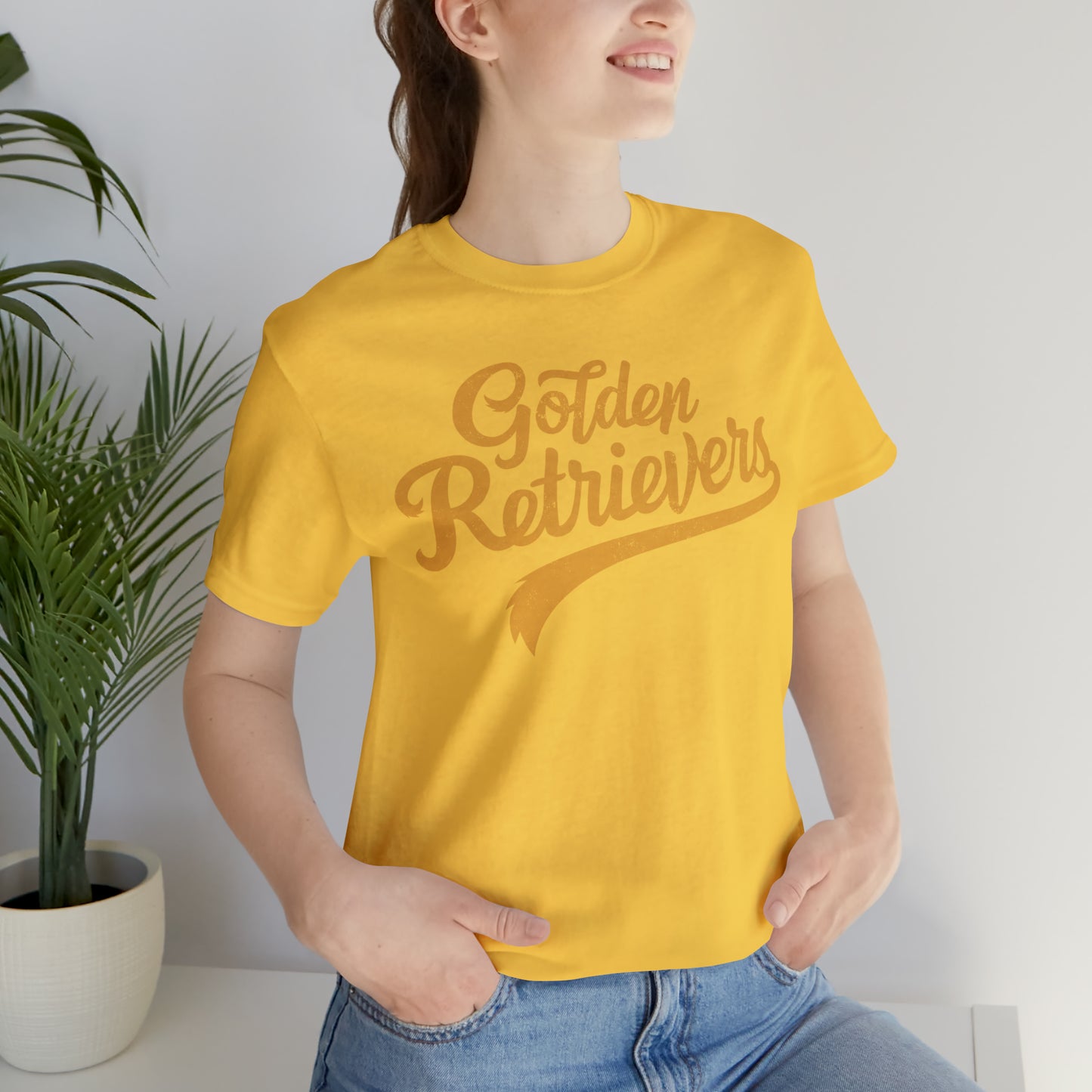 Golden Retrievers Script Unisex Tee, with Distressed Gold Print