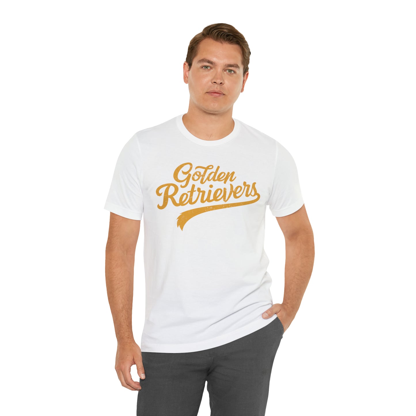 Golden Retrievers Script Unisex Tee, with Distressed Gold Print