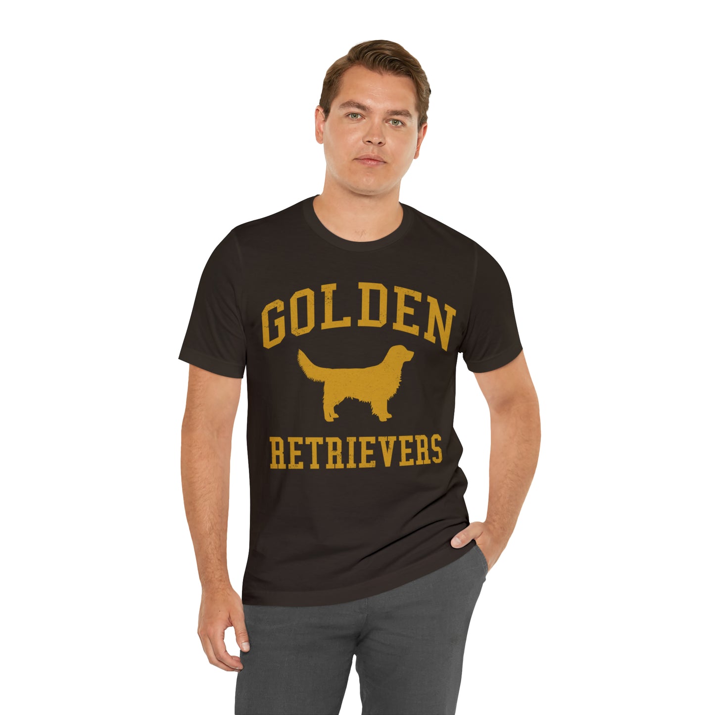 Golden Retrievers Collegiate Unisex Tee, with Distressed Gold Print