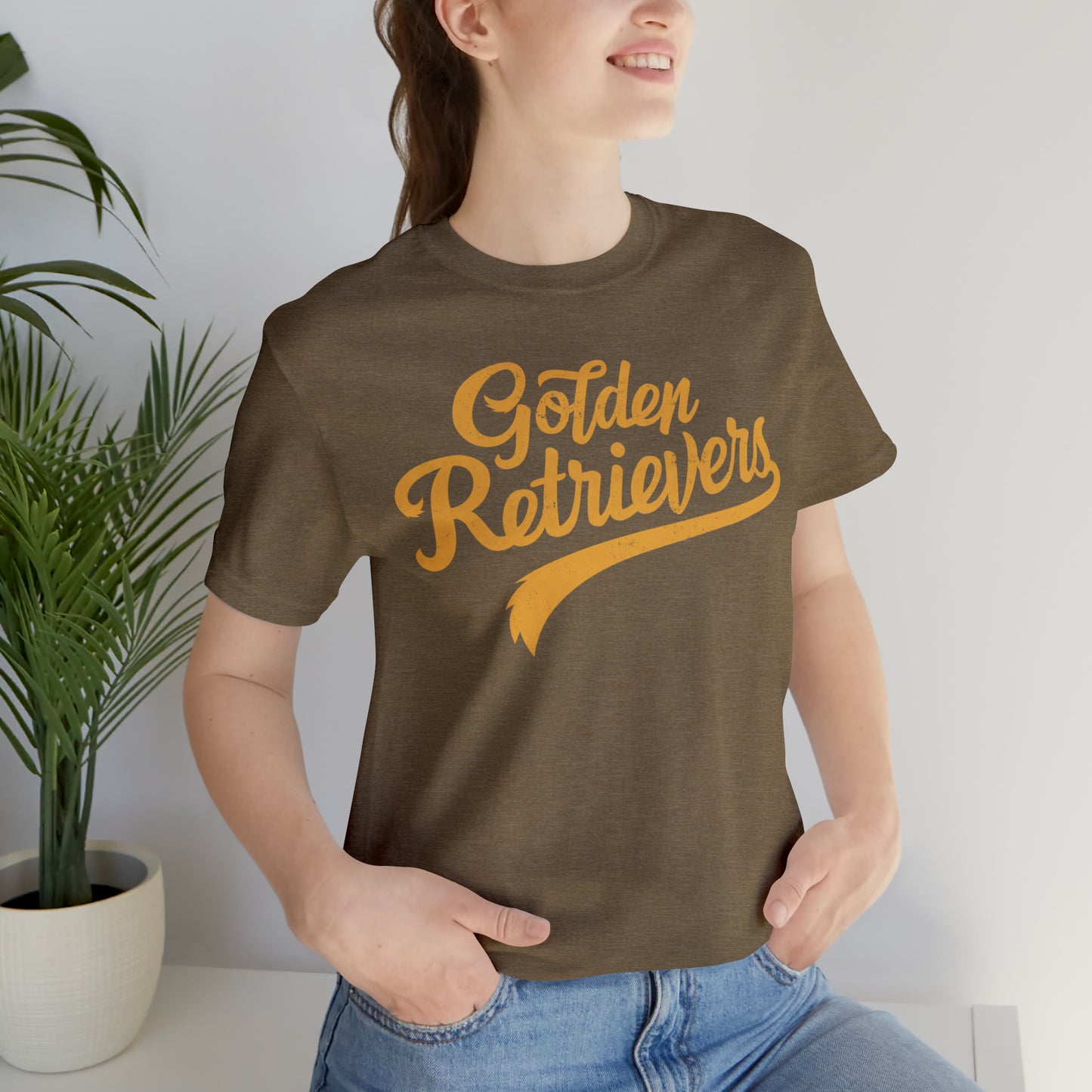 Golden Retrievers Script Unisex Tee, with Distressed Gold Print