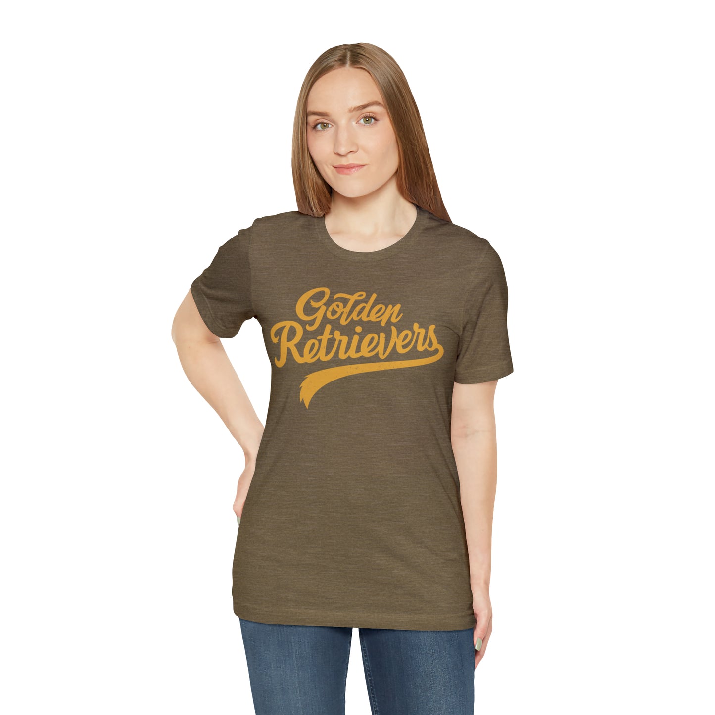 Golden Retrievers Script Unisex Tee, with Distressed Gold Print