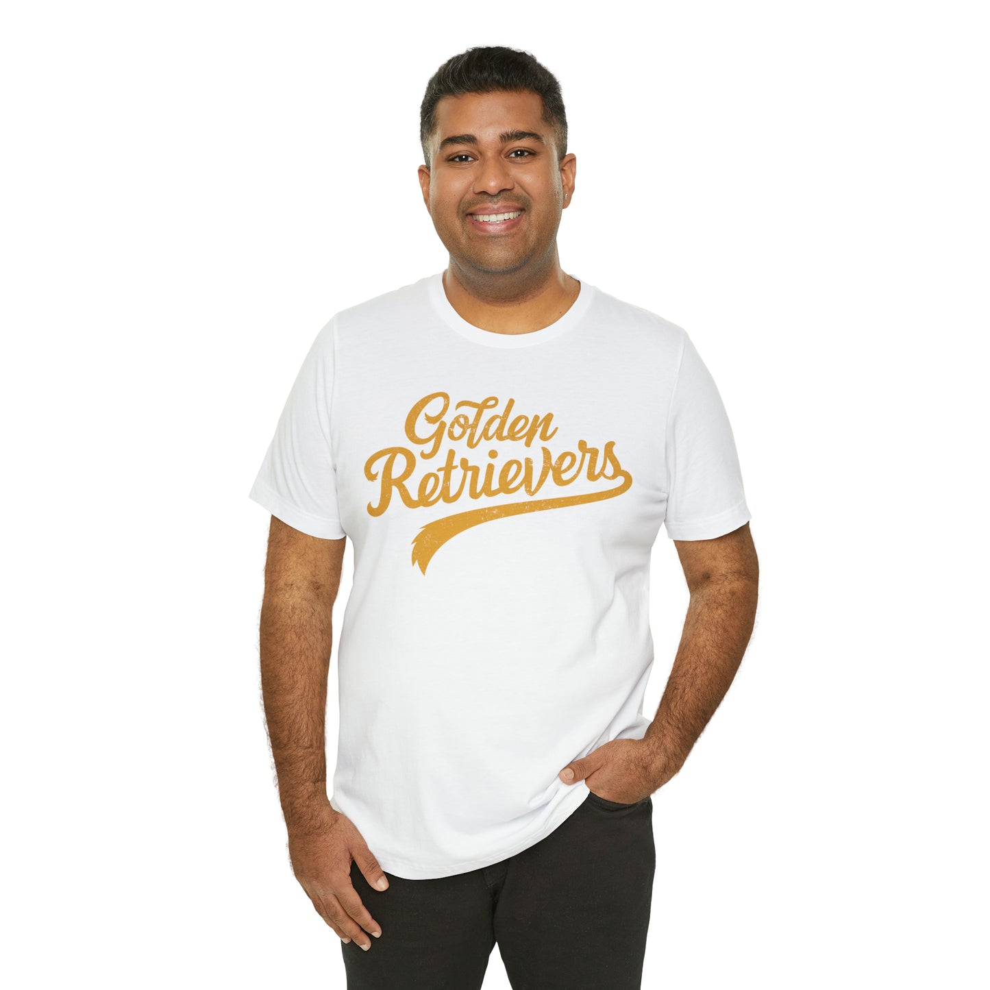 Golden Retrievers Script Unisex Tee, with Distressed Gold Print