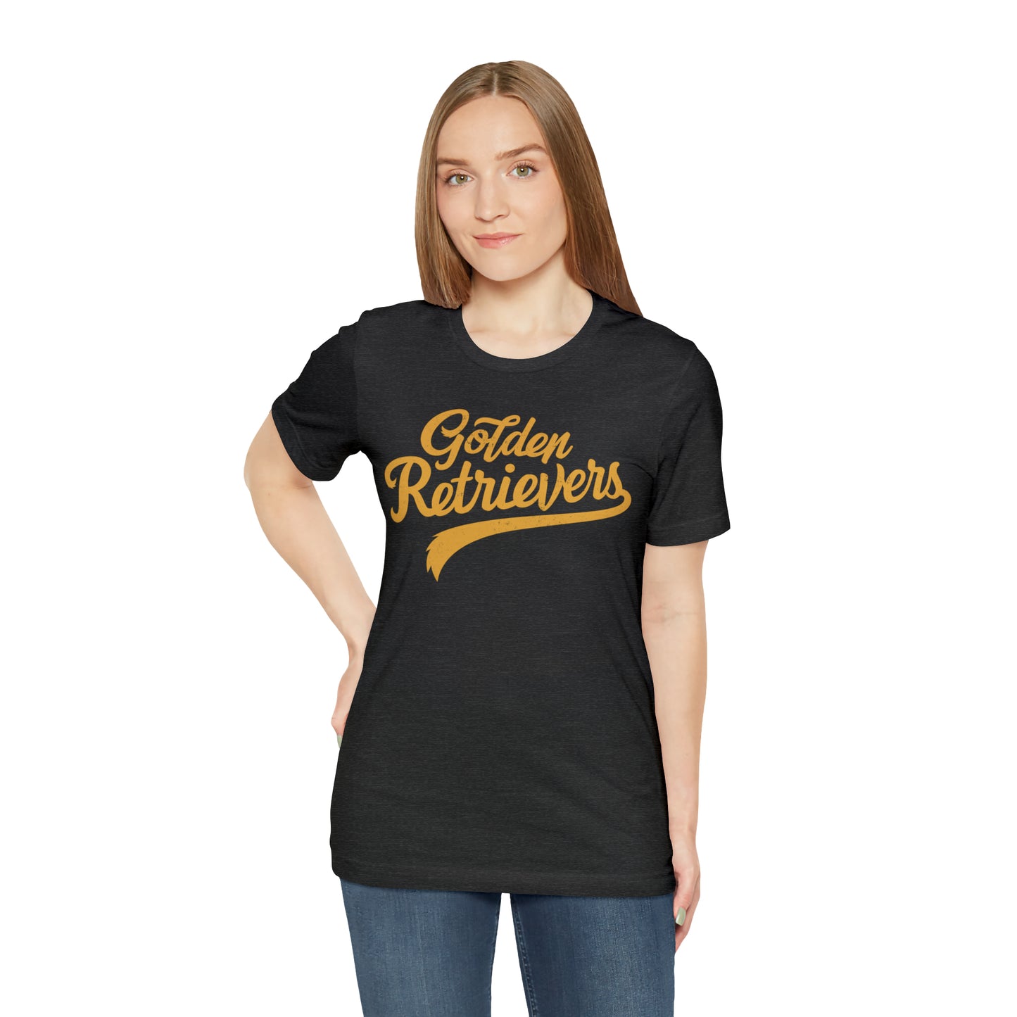 Golden Retrievers Script Unisex Tee, with Distressed Gold Print