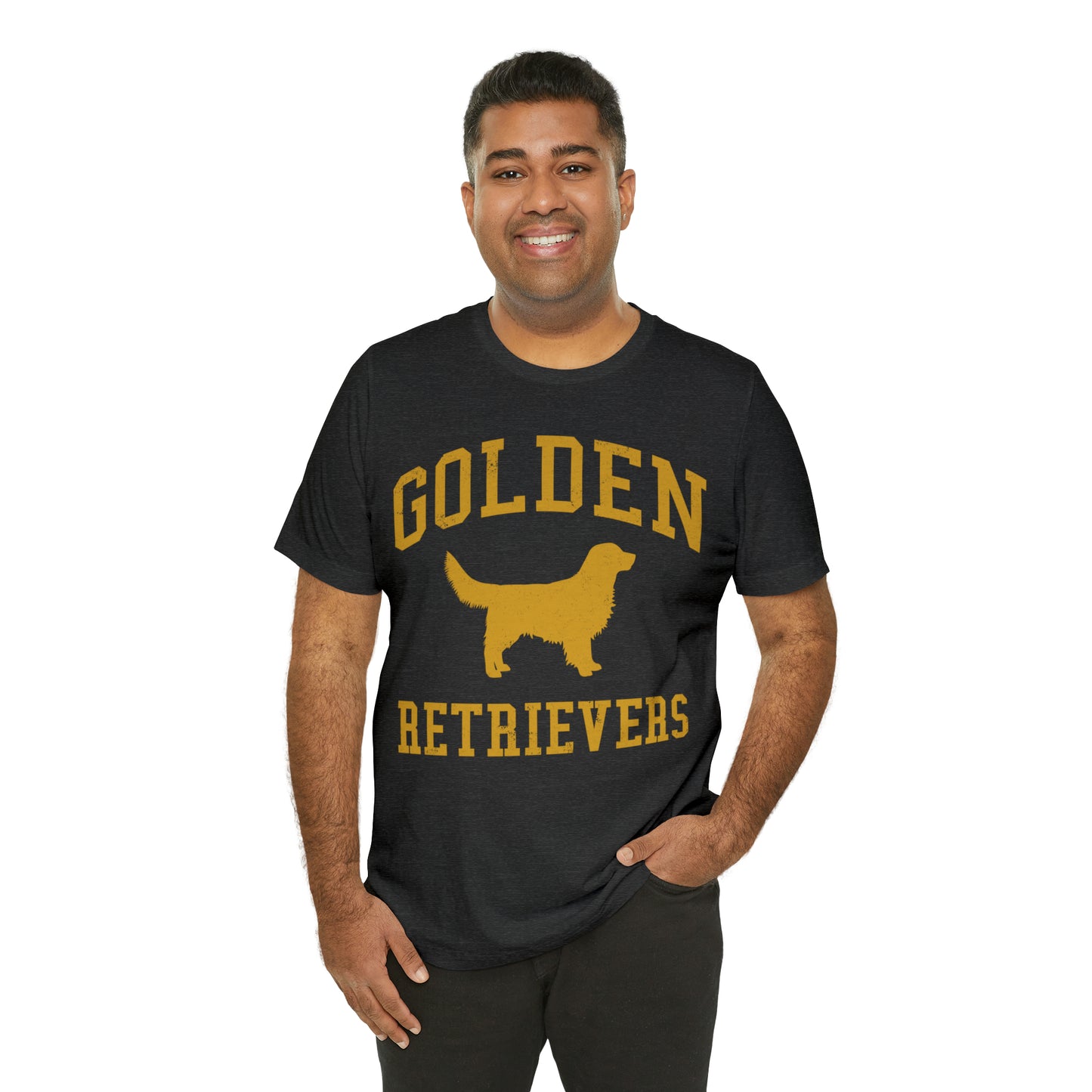 Golden Retrievers Collegiate Unisex Tee, with Distressed Gold Print