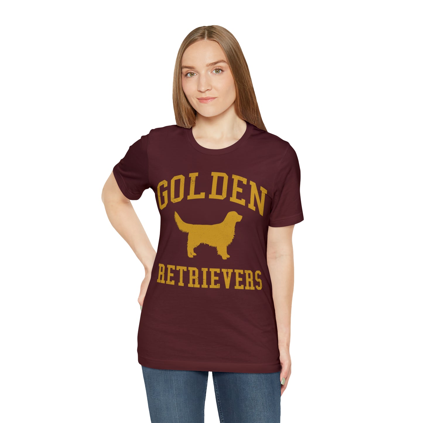 Golden Retrievers Collegiate Unisex Tee, with Distressed Gold Print