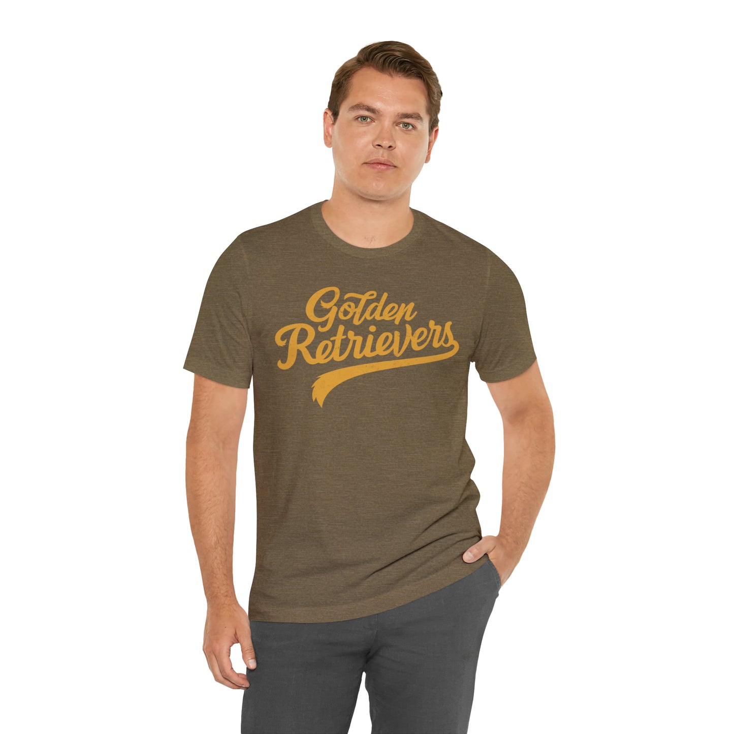 Golden Retrievers Script Unisex Tee, with Distressed Gold Print