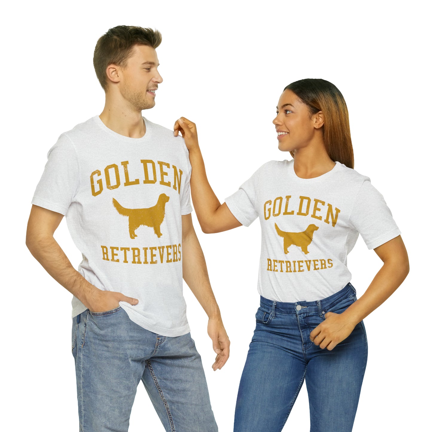 Golden Retrievers Collegiate Unisex Tee, with Distressed Gold Print