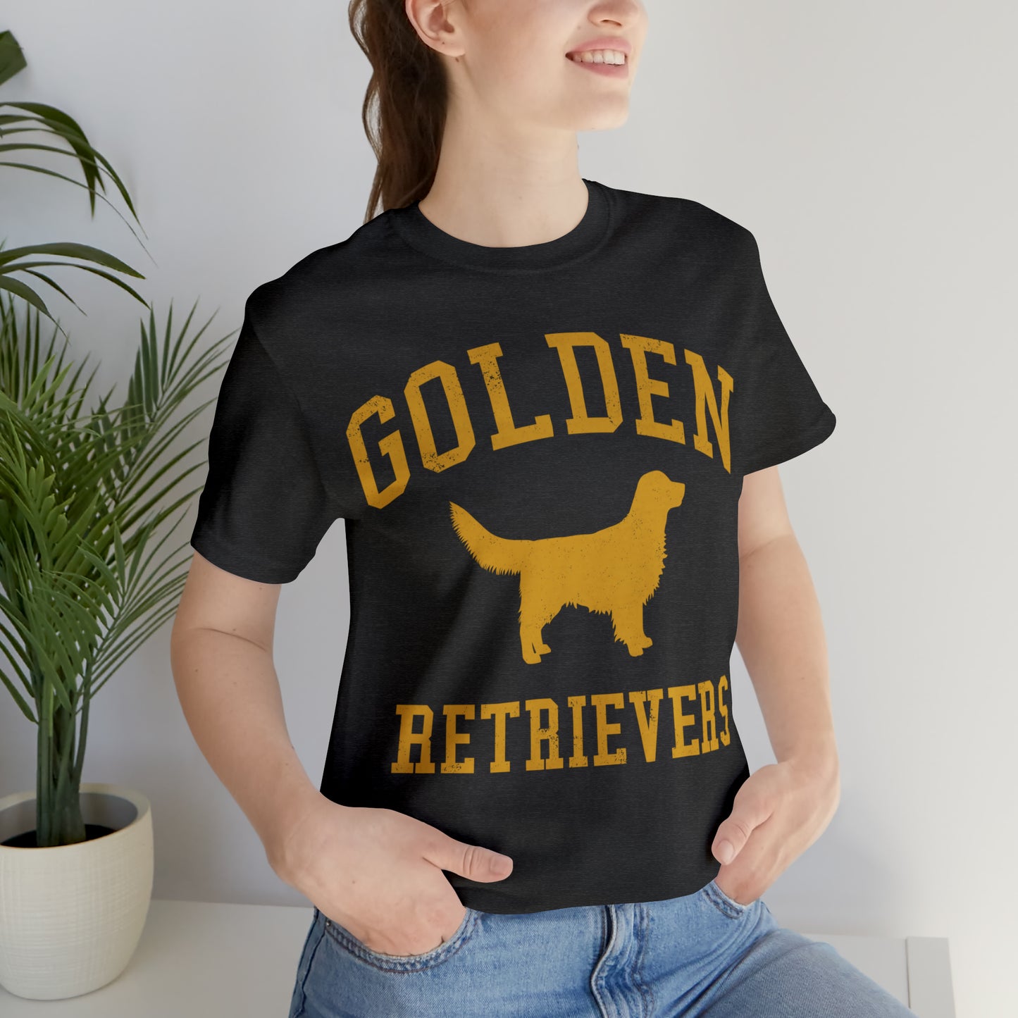 Golden Retrievers Collegiate Unisex Tee, with Distressed Gold Print