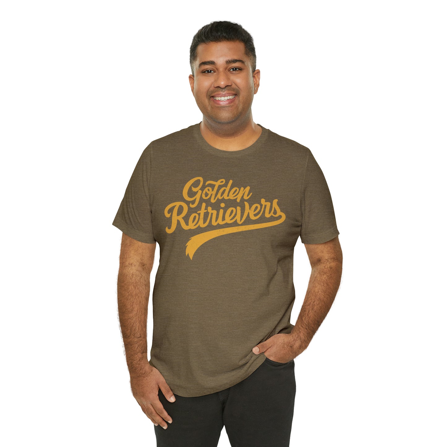 Golden Retrievers Script Unisex Tee, with Distressed Gold Print