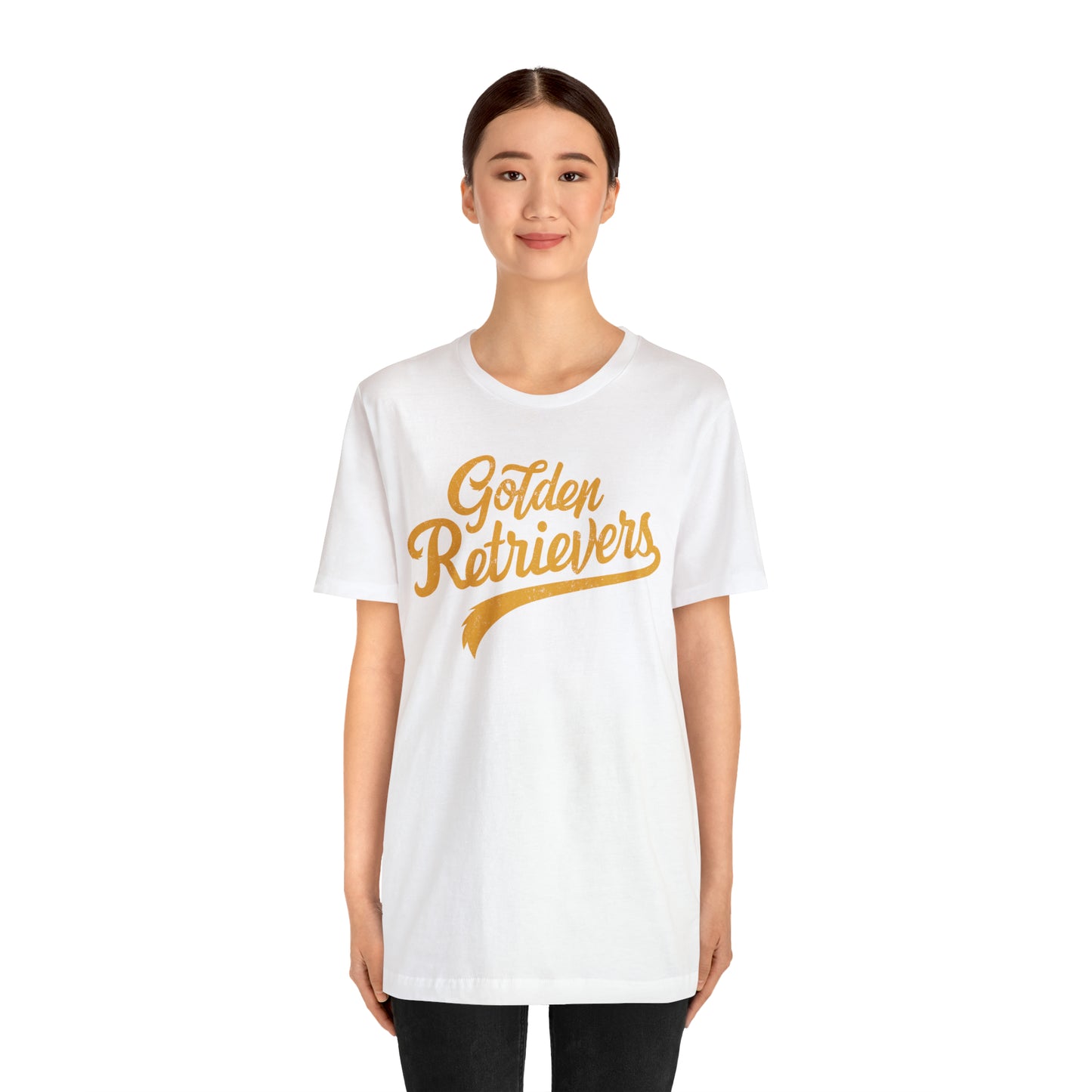 Golden Retrievers Script Unisex Tee, with Distressed Gold Print