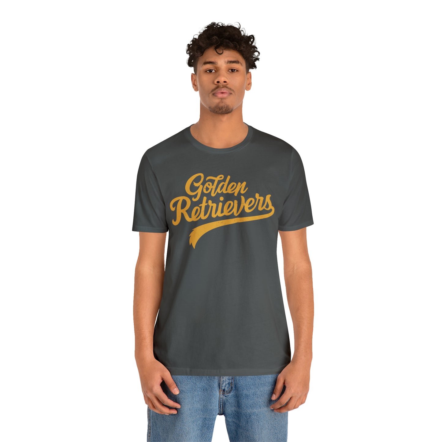 Golden Retrievers Script Unisex Tee, with Distressed Gold Print