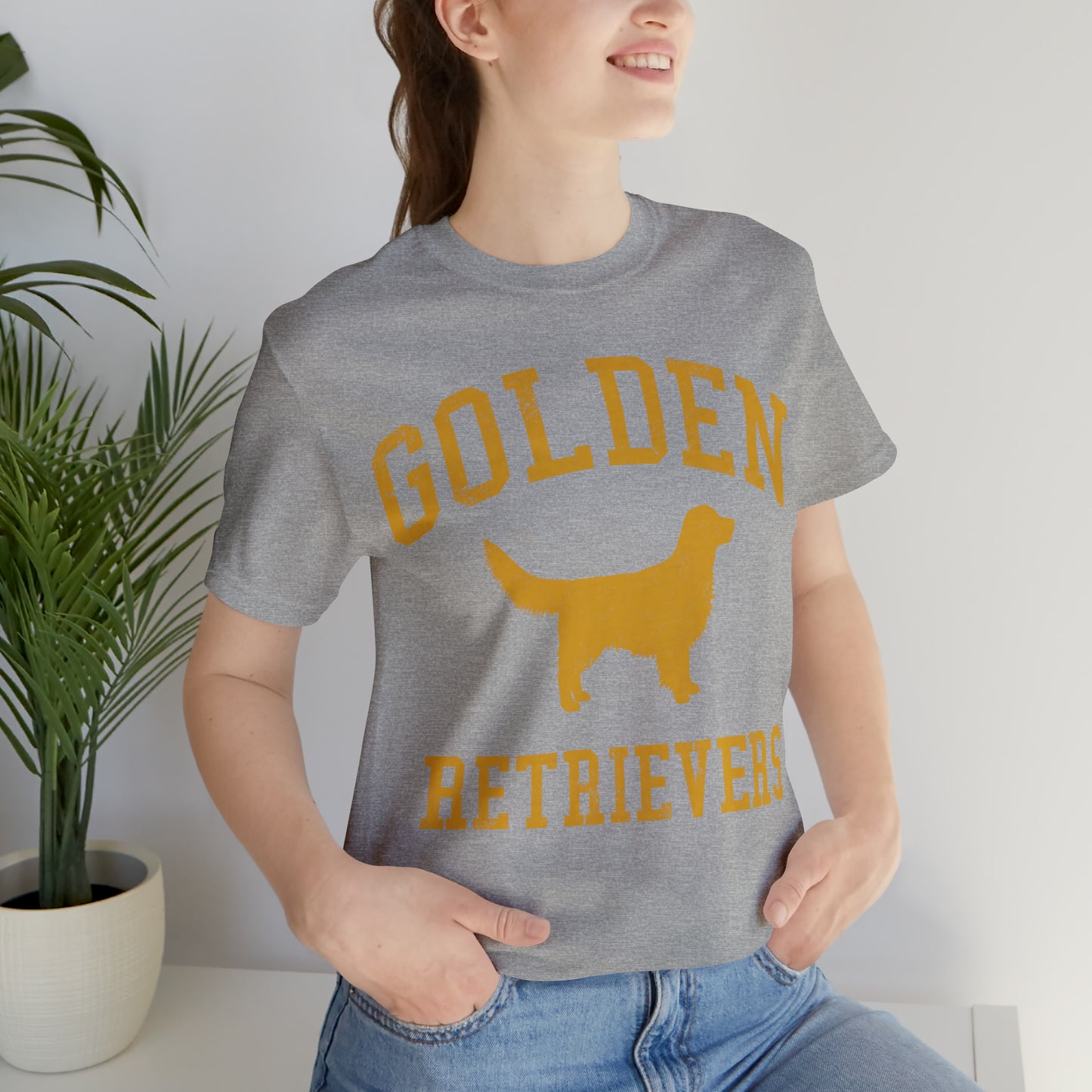 Golden Retrievers Collegiate Unisex Tee, with Distressed Gold Print