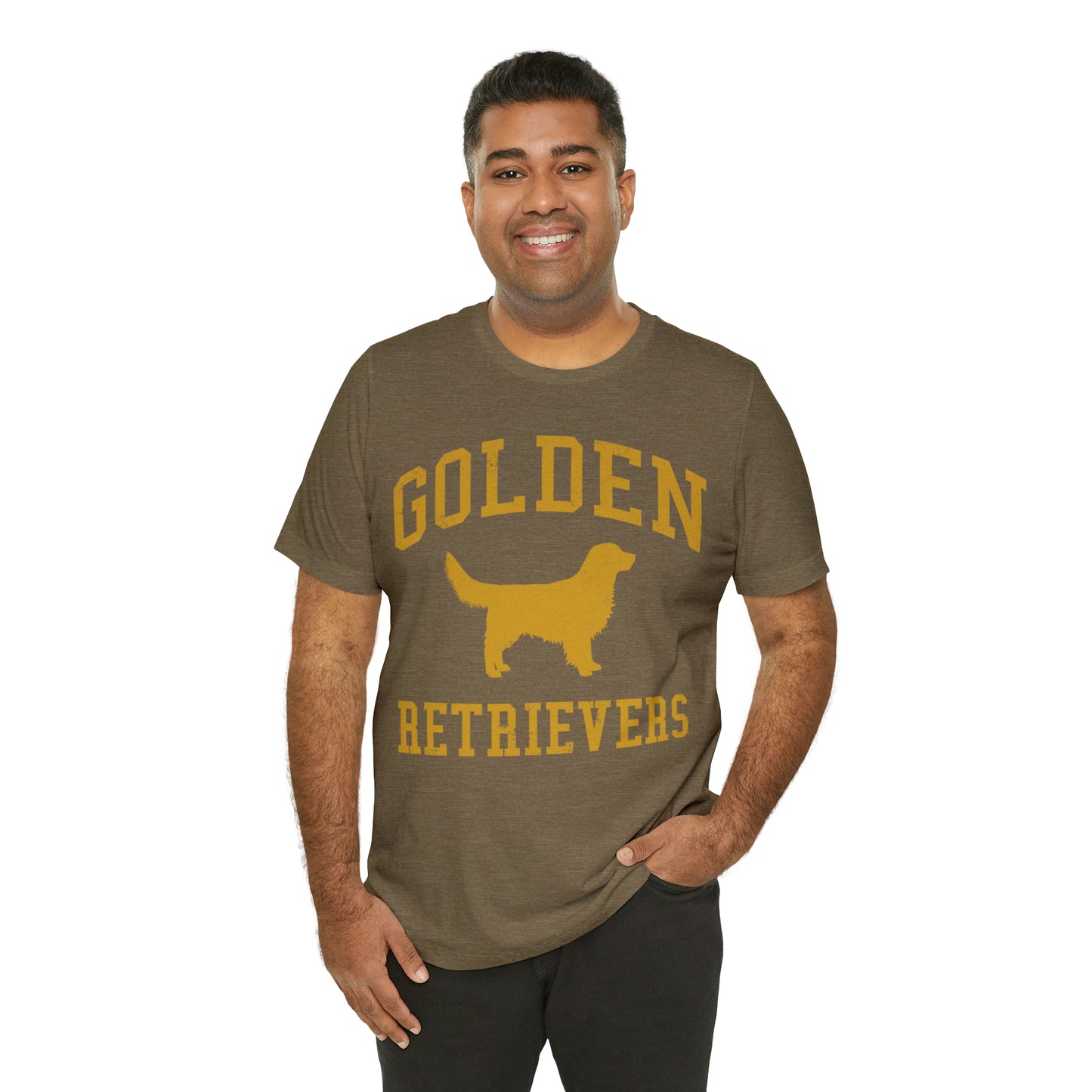 Golden Retrievers Collegiate Unisex Tee, with Distressed Gold Print