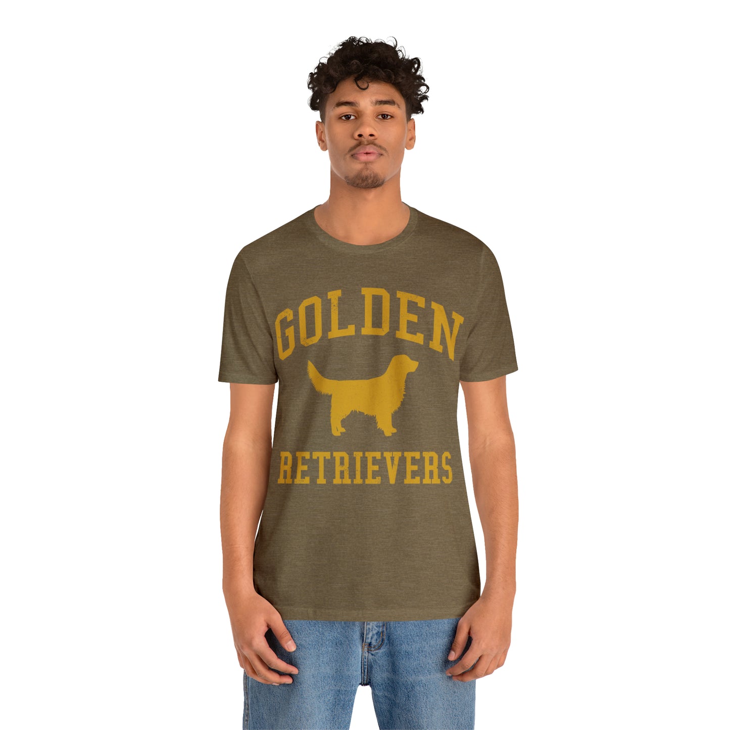 Golden Retrievers Collegiate Unisex Tee, with Distressed Gold Print