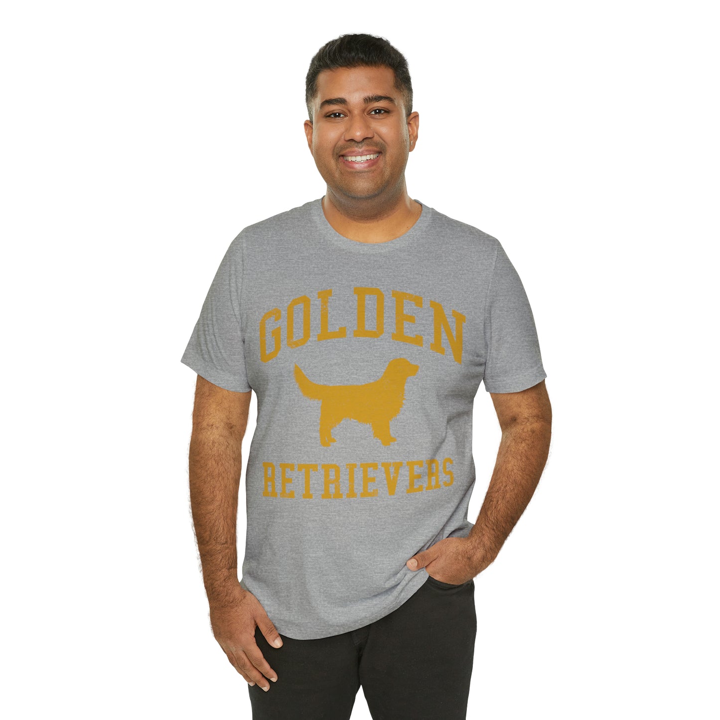 Golden Retrievers Collegiate Unisex Tee, with Distressed Gold Print