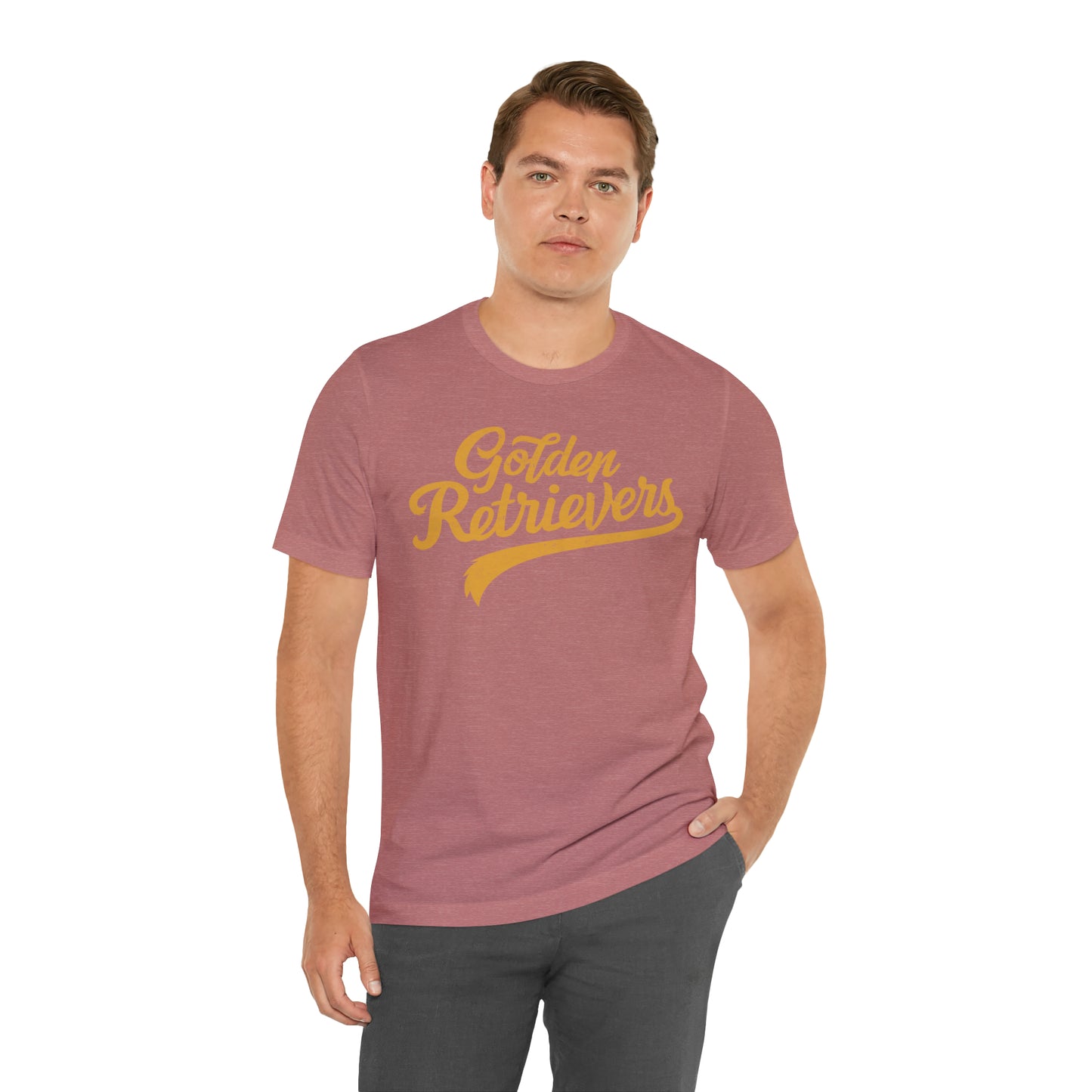 Golden Retrievers Script Unisex Tee, with Distressed Gold Print