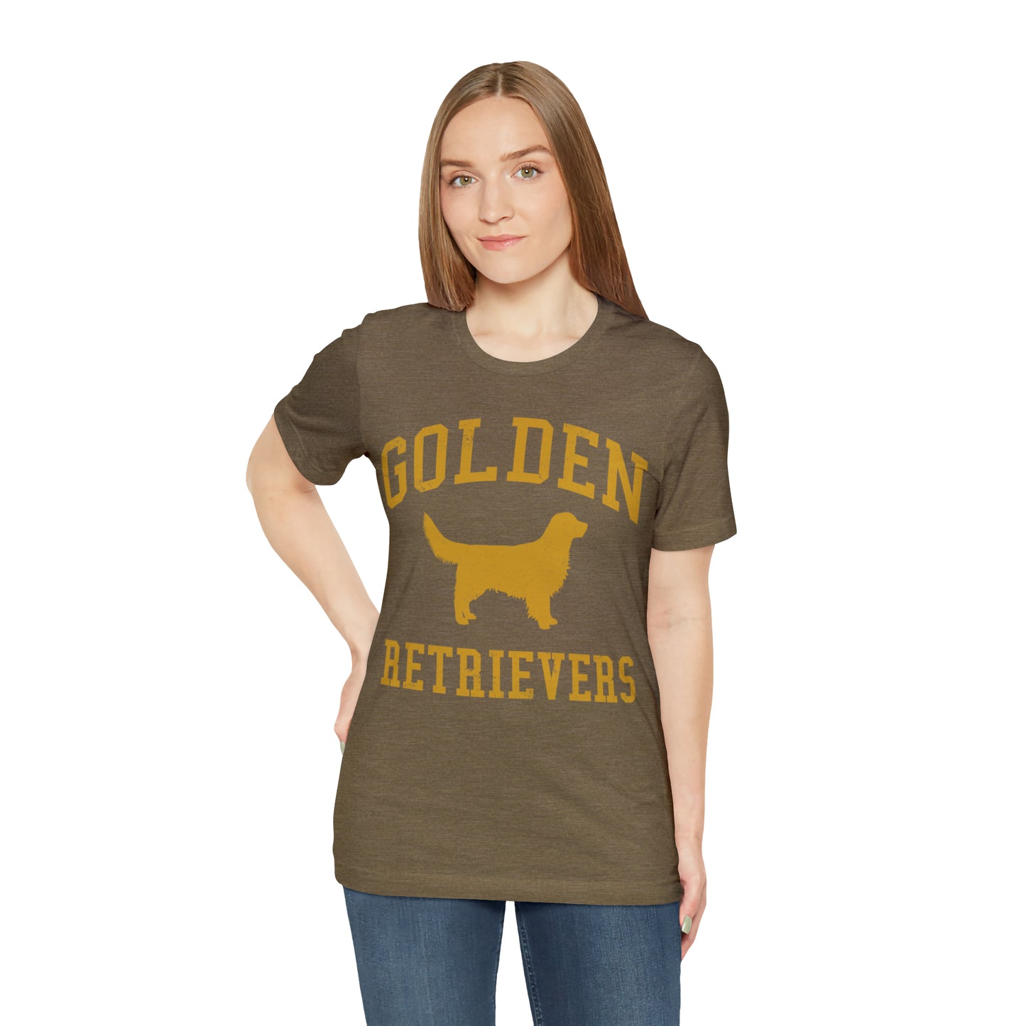 Golden Retrievers Collegiate Unisex Tee, with Distressed Gold Print