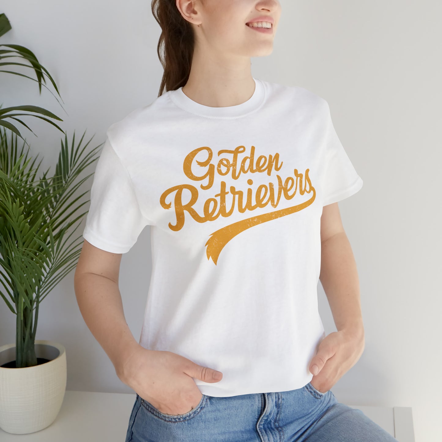 Golden Retrievers Script Unisex Tee, with Distressed Gold Print