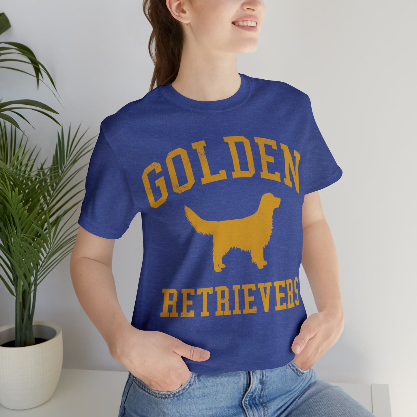 Golden Retrievers Collegiate Unisex Tee, with Distressed Gold Print