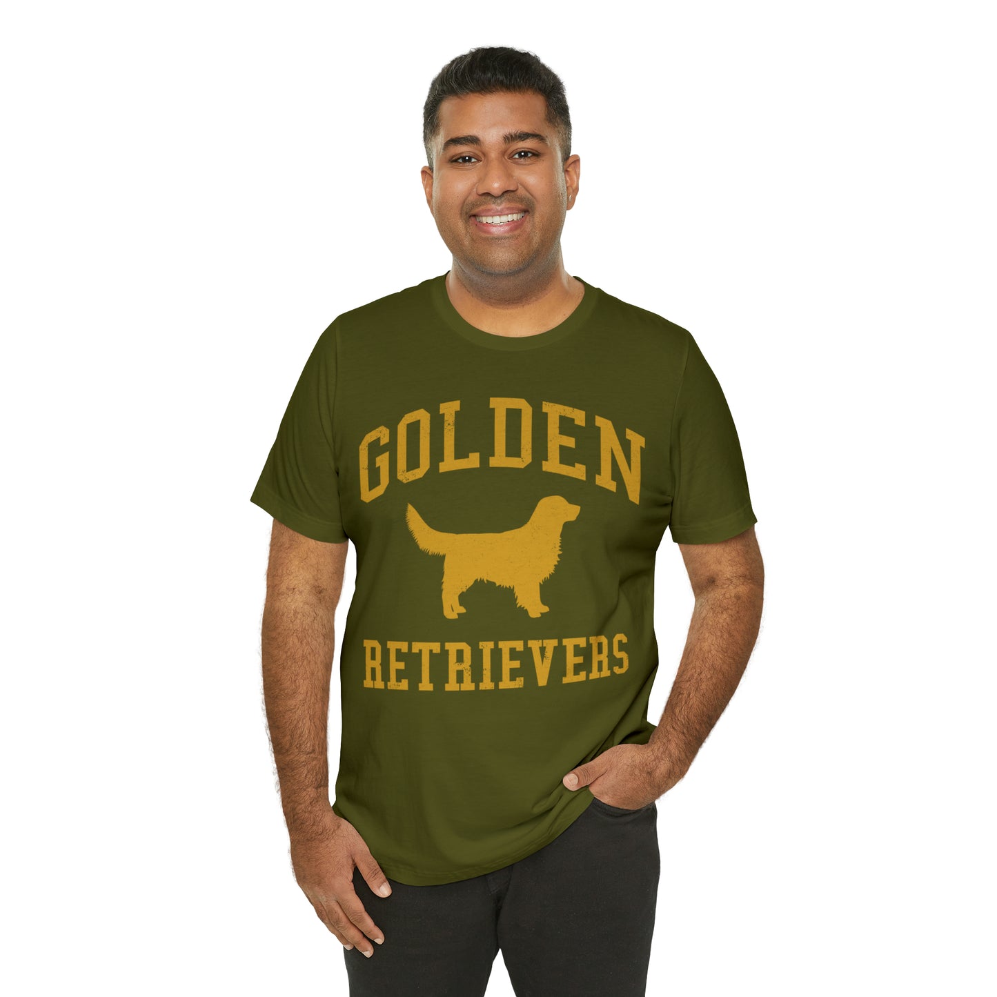 Golden Retrievers Collegiate Unisex Tee, with Distressed Gold Print