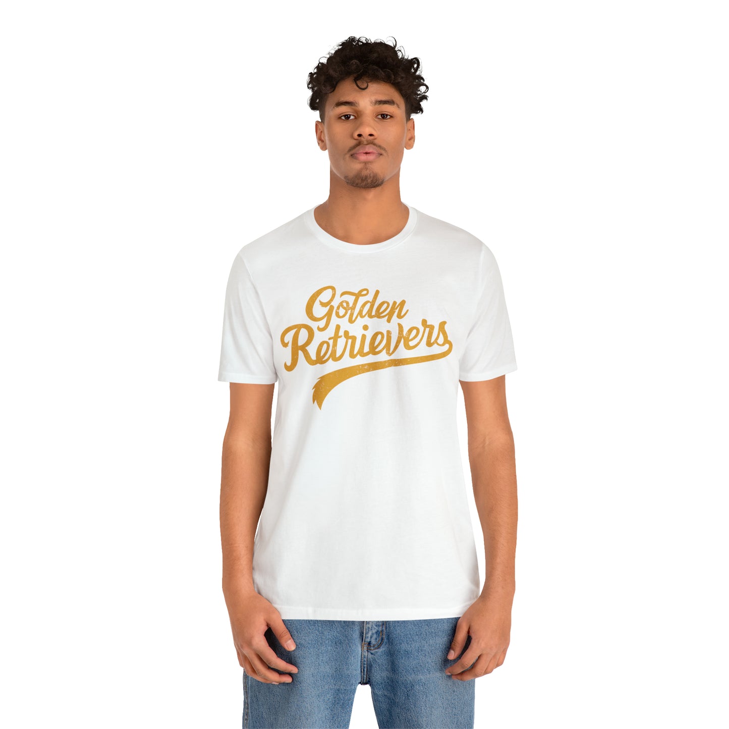 Golden Retrievers Script Unisex Tee, with Distressed Gold Print