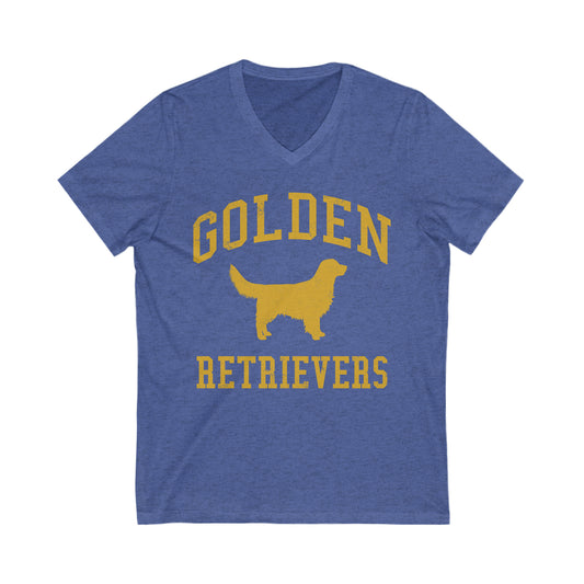 Golden Retrievers Collegiate Unisex V-Neck Tee, with Distressed Gold Print