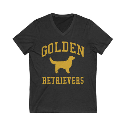 Golden Retrievers Collegiate Unisex V-Neck Tee, with Distressed Gold Print