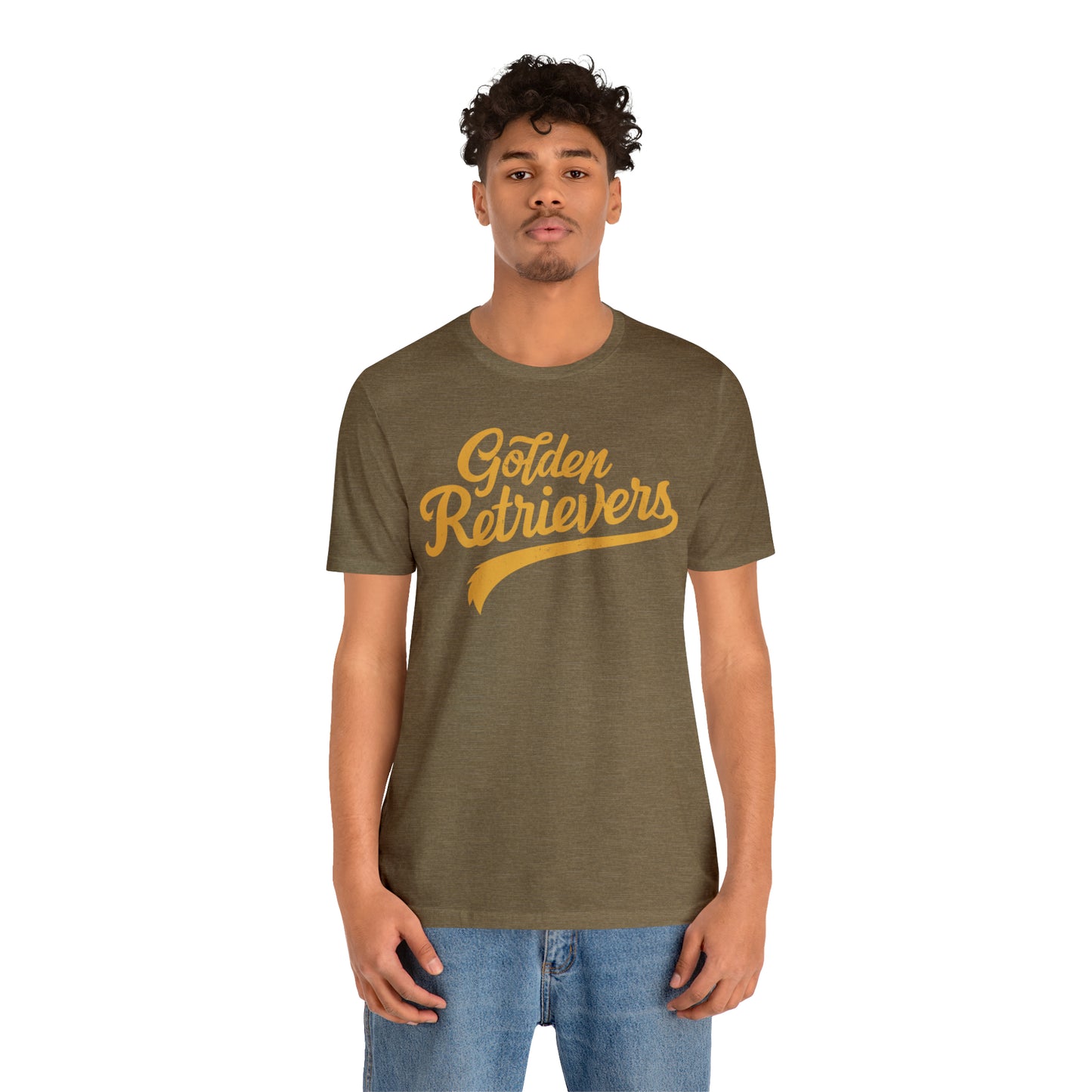 Golden Retrievers Script Unisex Tee, with Distressed Gold Print