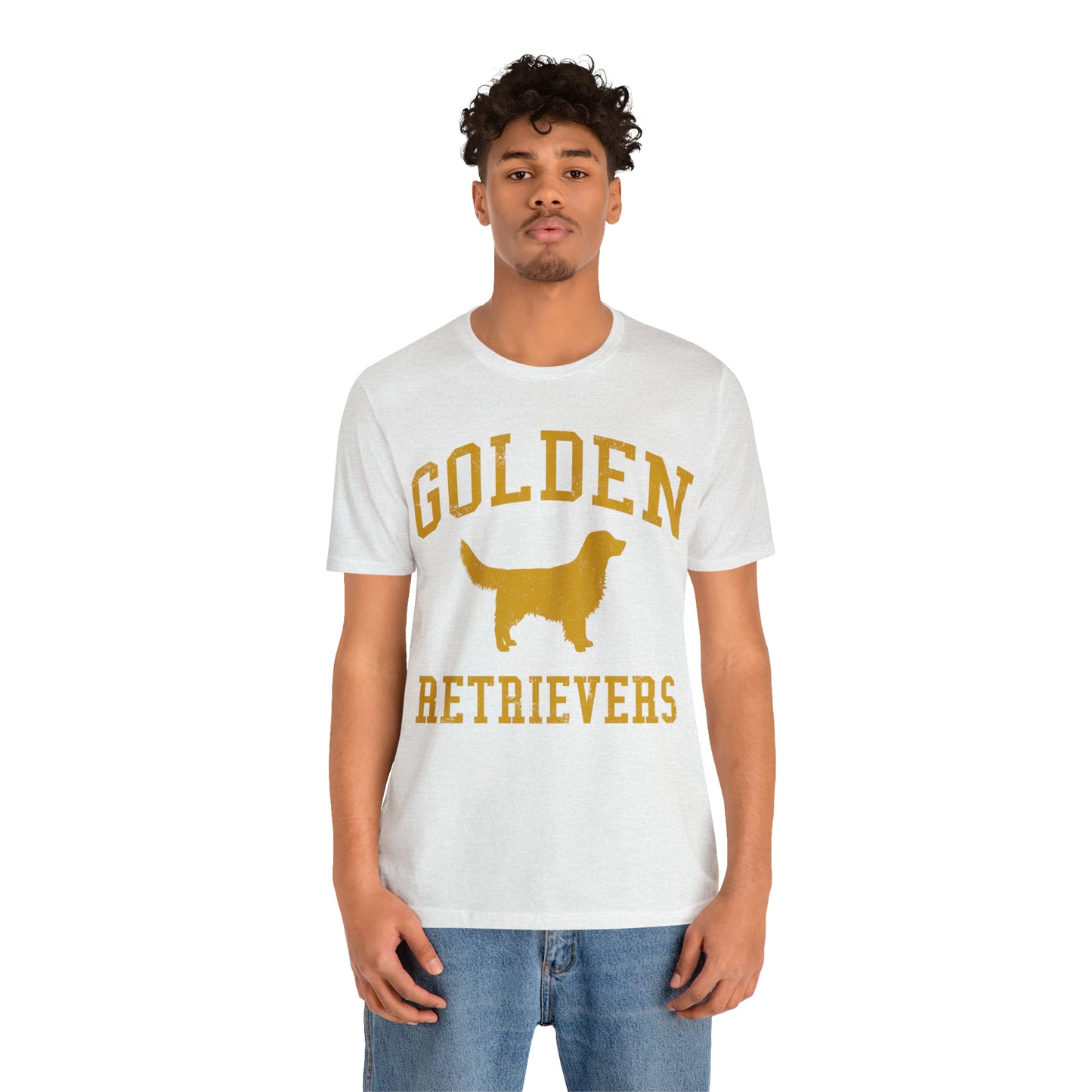 Golden Retrievers Collegiate Unisex Tee, with Distressed Gold Print