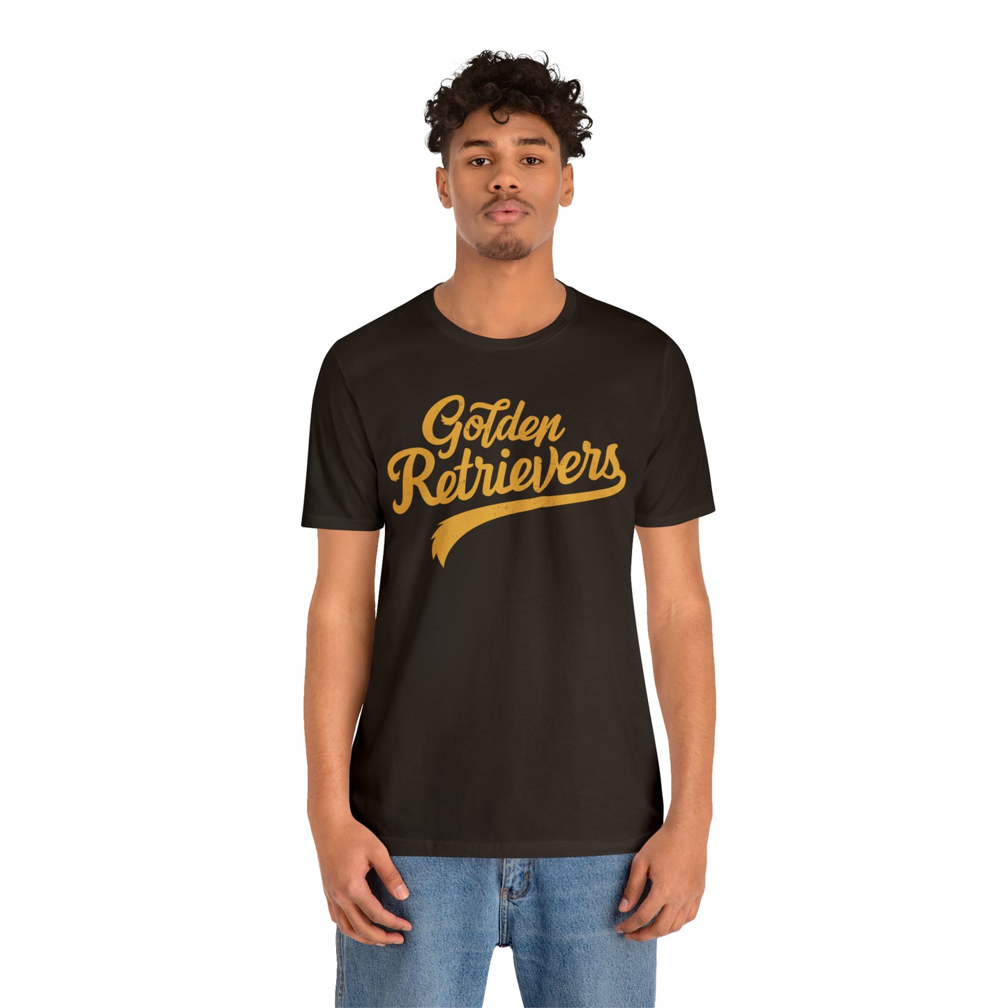 Golden Retrievers Script Unisex Tee, with Distressed Gold Print