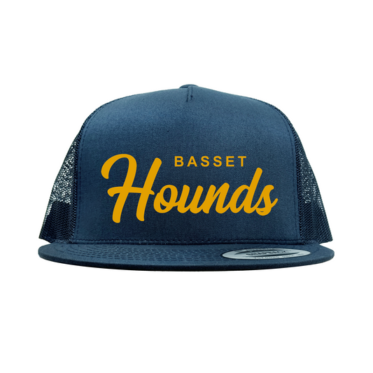 Basset Hounds Retro Script Trucker Snapback Hat, Vinyl Print