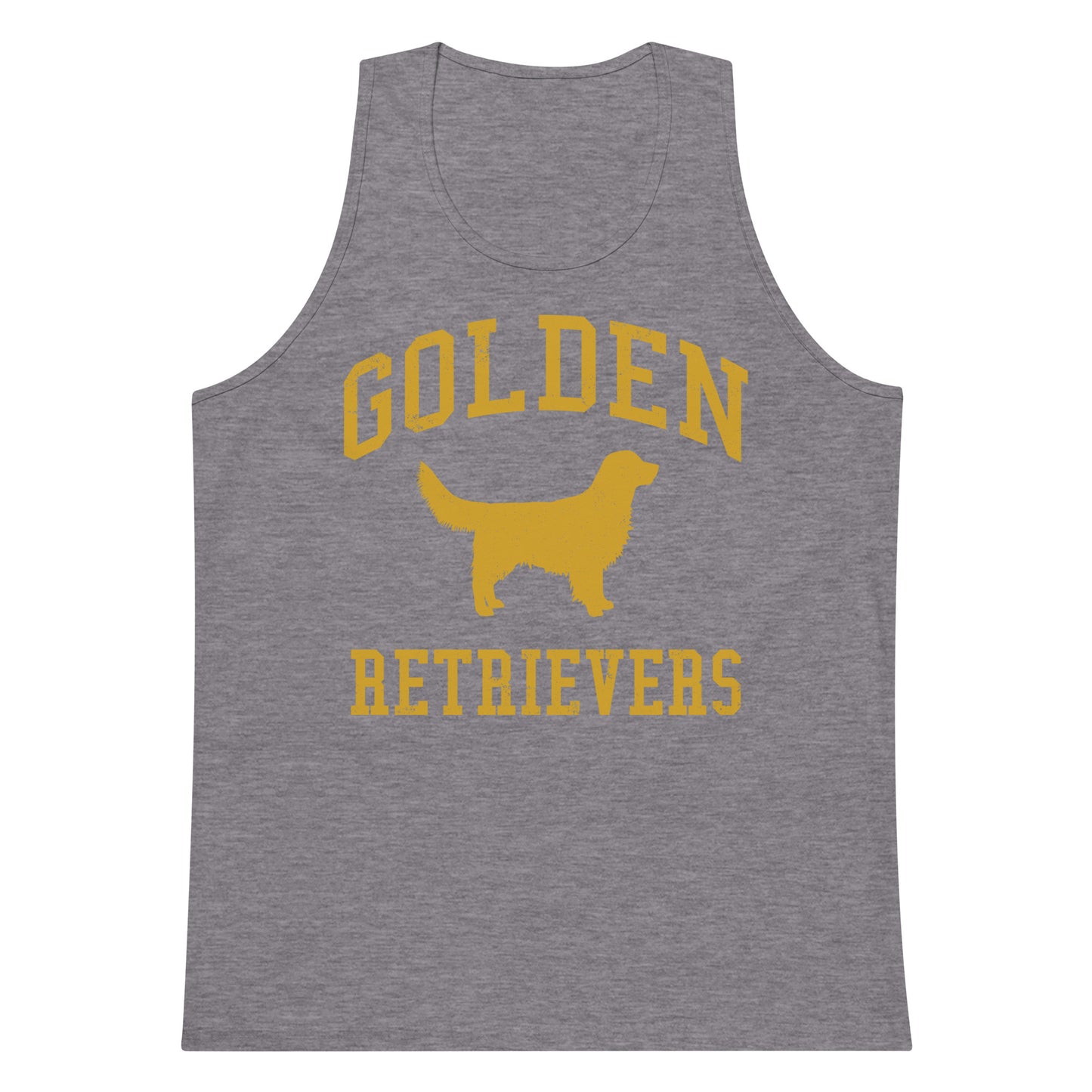 Golden Retrievers Collegiate Men’s Premium Tank Top, with Distressed Gold Print