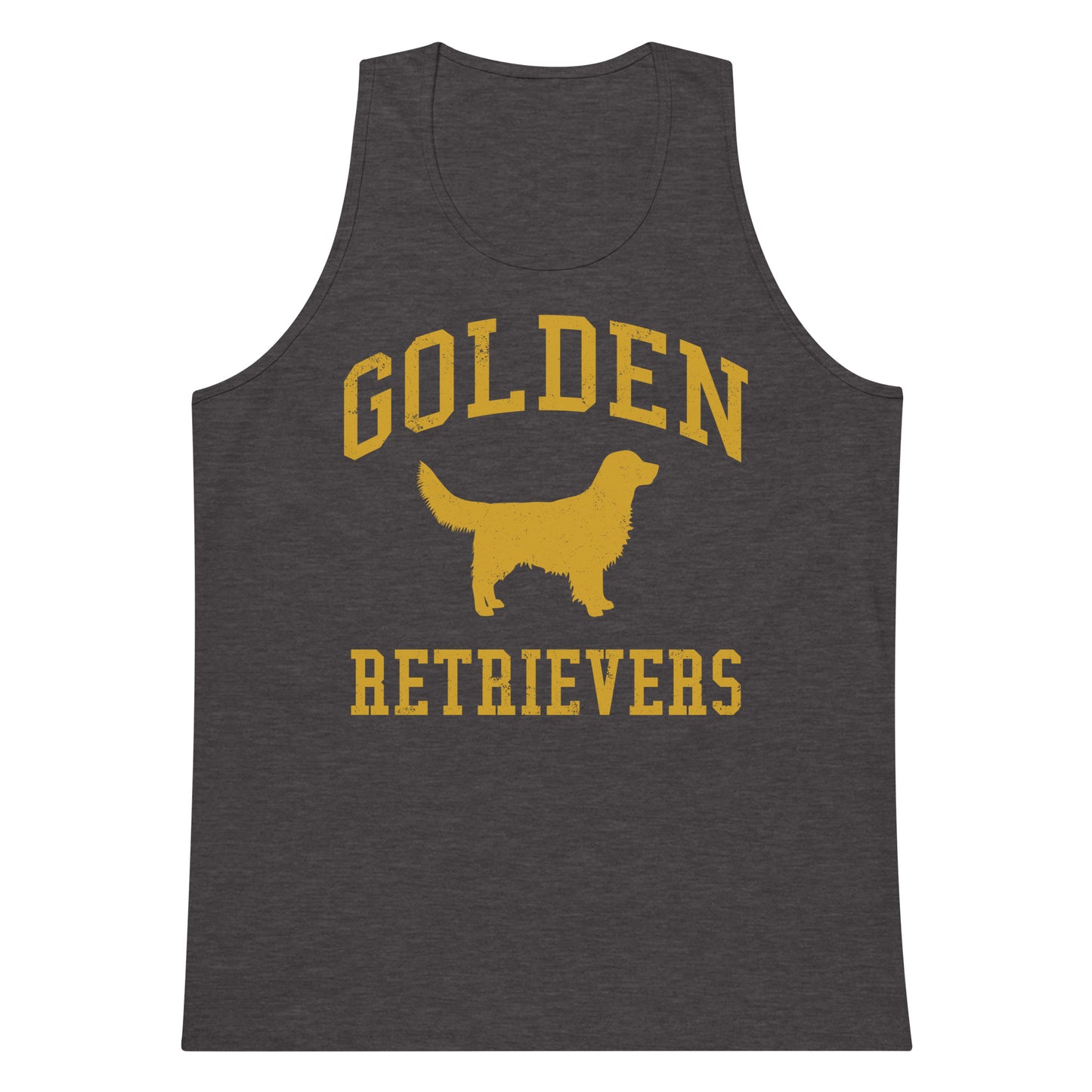 Golden Retrievers Collegiate Men’s Premium Tank Top, with Distressed Gold Print