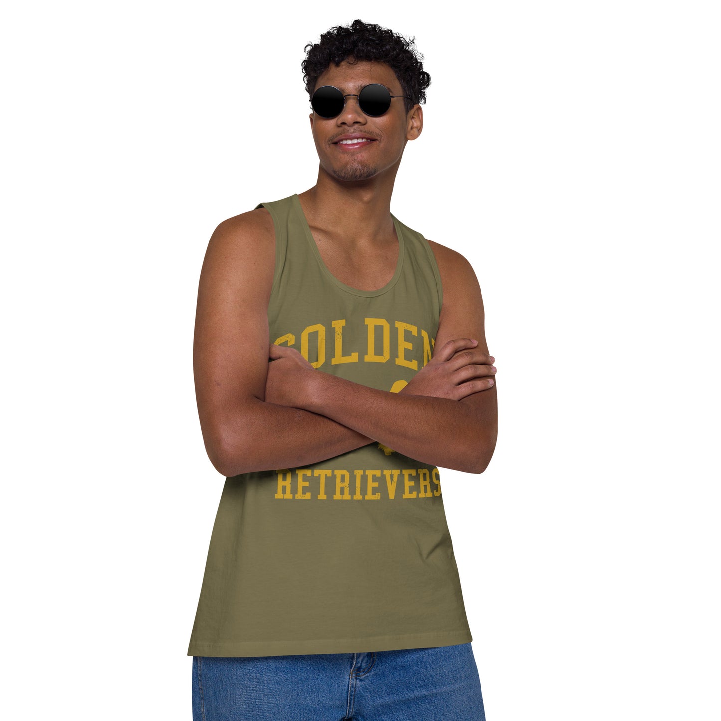 Golden Retrievers Collegiate Men’s Premium Tank Top, with Distressed Gold Print