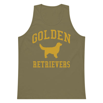 Golden Retrievers Collegiate Men’s Premium Tank Top, with Distressed Gold Print