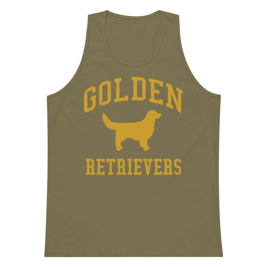 Golden Retrievers Collegiate Men’s Premium Tank Top, with Distressed Gold Print