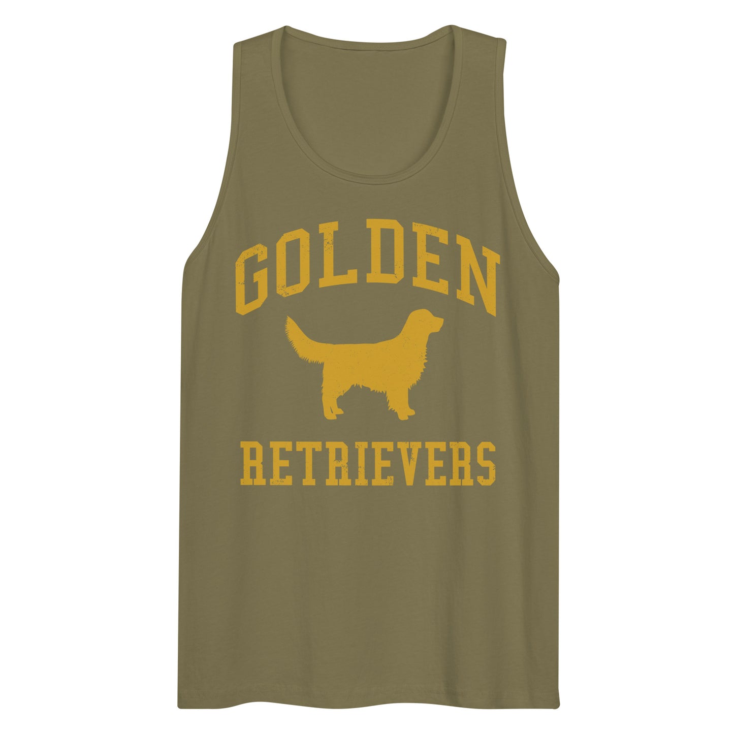 Golden Retrievers Collegiate Men’s Premium Tank Top, with Distressed Gold Print