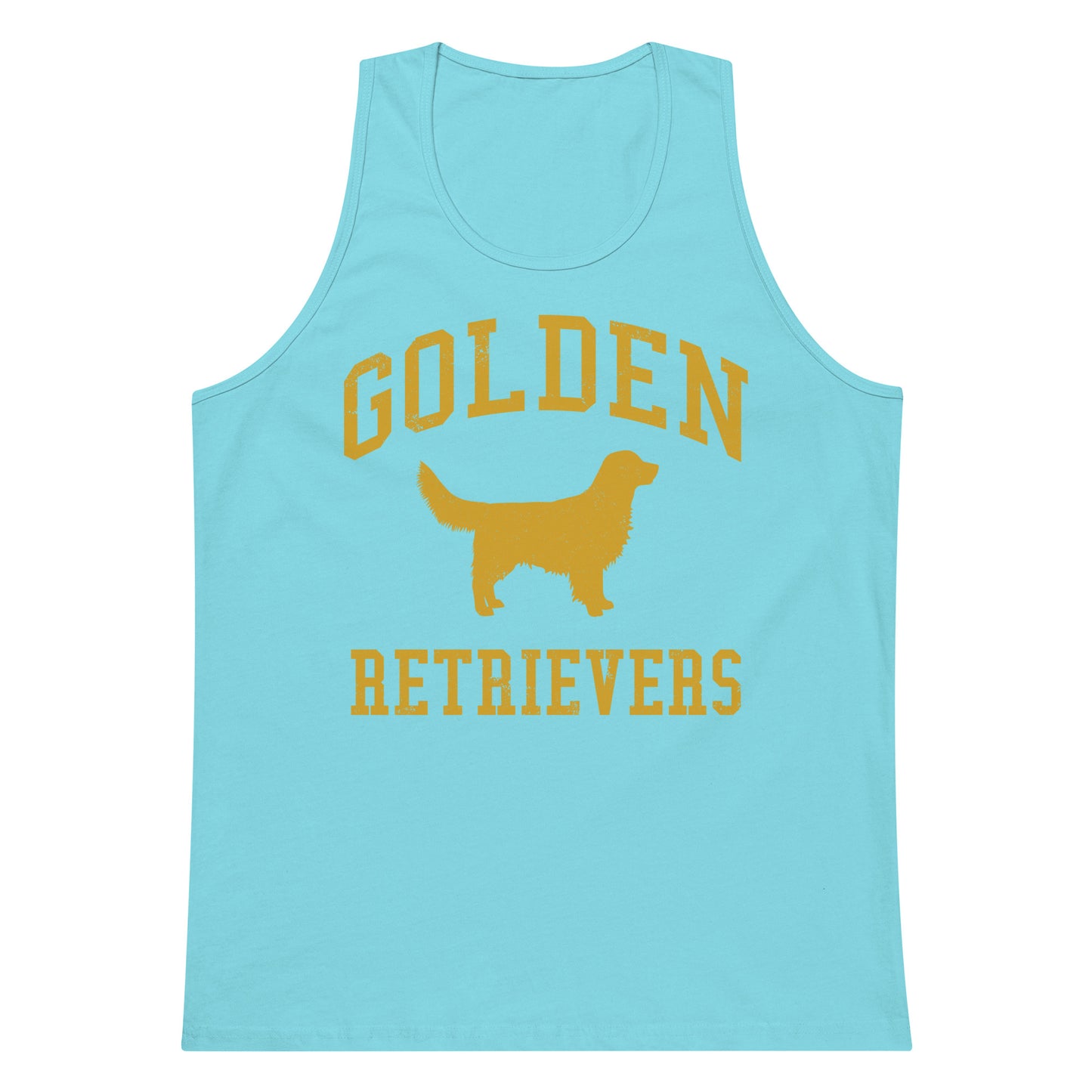 Golden Retrievers Collegiate Men’s Premium Tank Top, with Distressed Gold Print