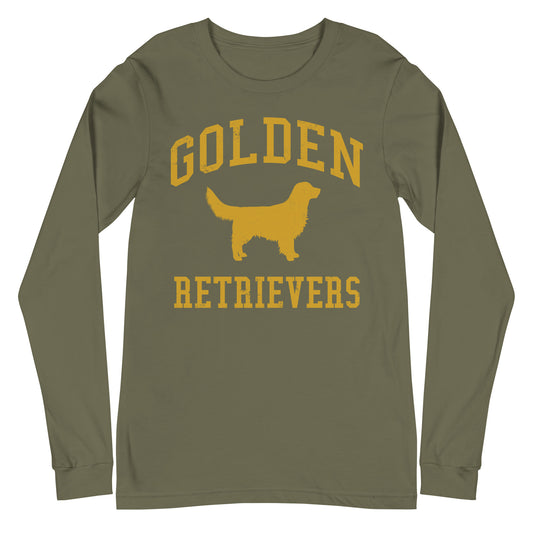 Golden Retrievers Collegiate Unisex Long Sleeve Tee, with Distressed Gold Print