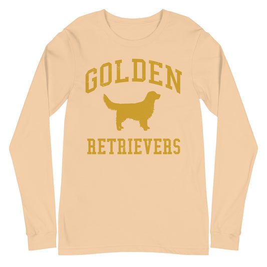 Golden Retrievers Collegiate Unisex Long Sleeve Tee, with Distressed Gold Print