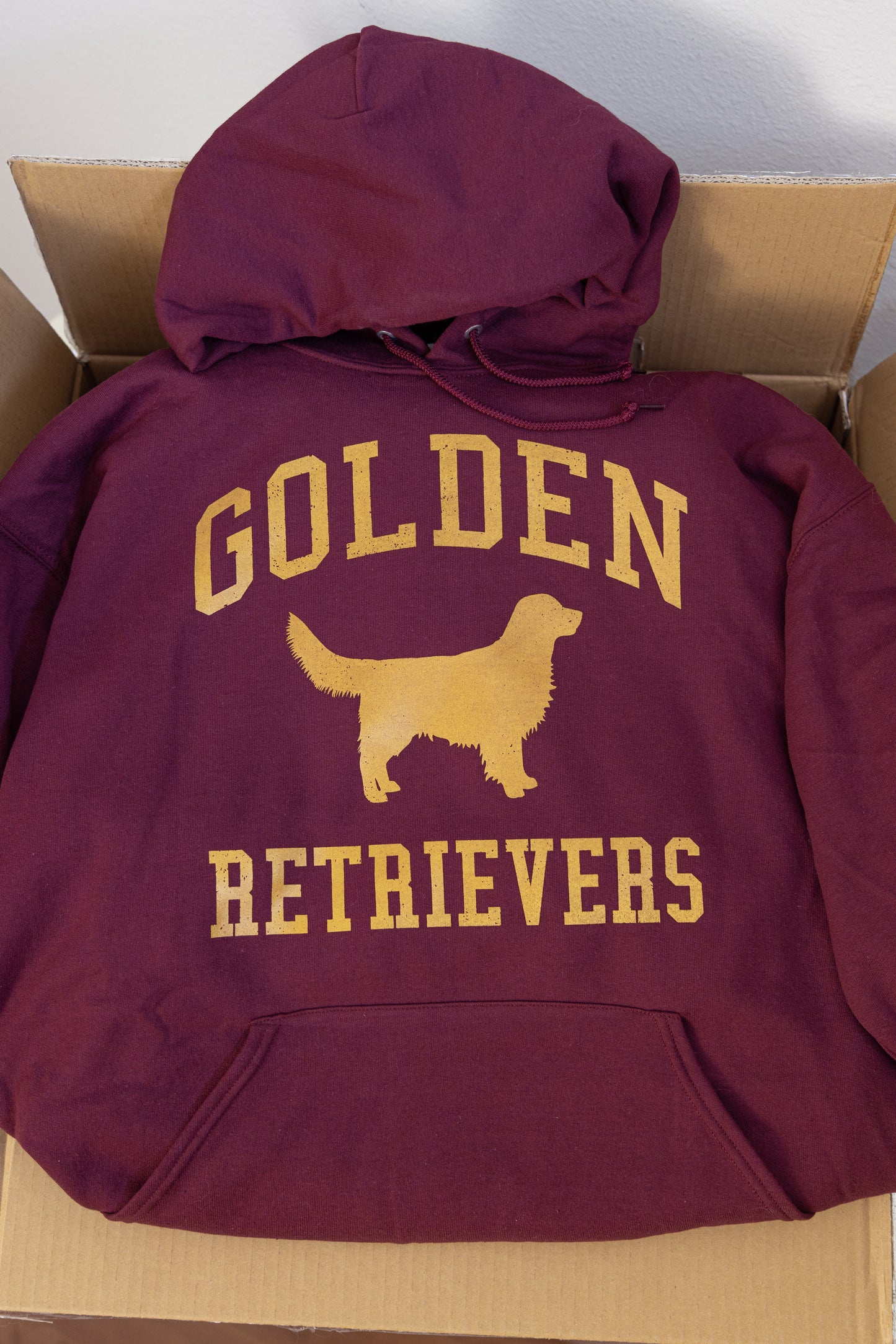 Golden Retrievers Collegiate Hoodie, Burgundy with Distressed Gold Print