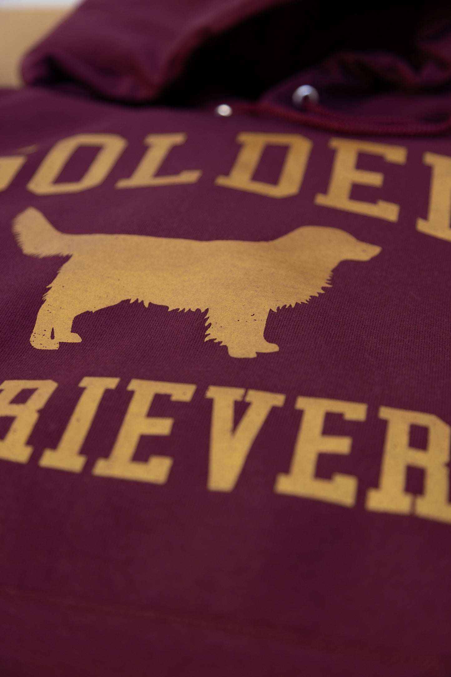 Golden Retrievers Collegiate Hoodie, Burgundy with Distressed Gold Print